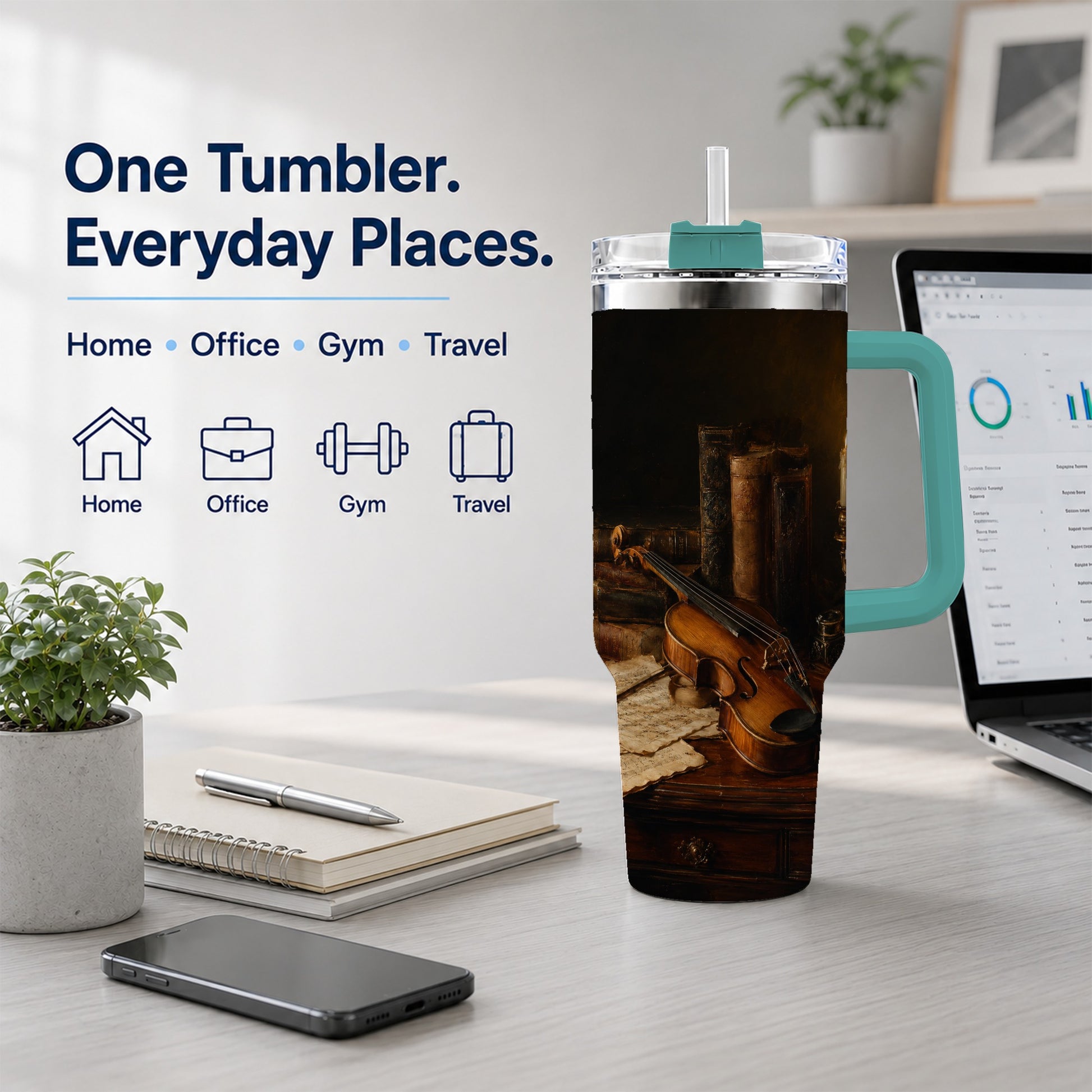 #pl[40oz|Green] Violin Still Life 40oz Tumbler with Handle, Candlelit Music Scene
