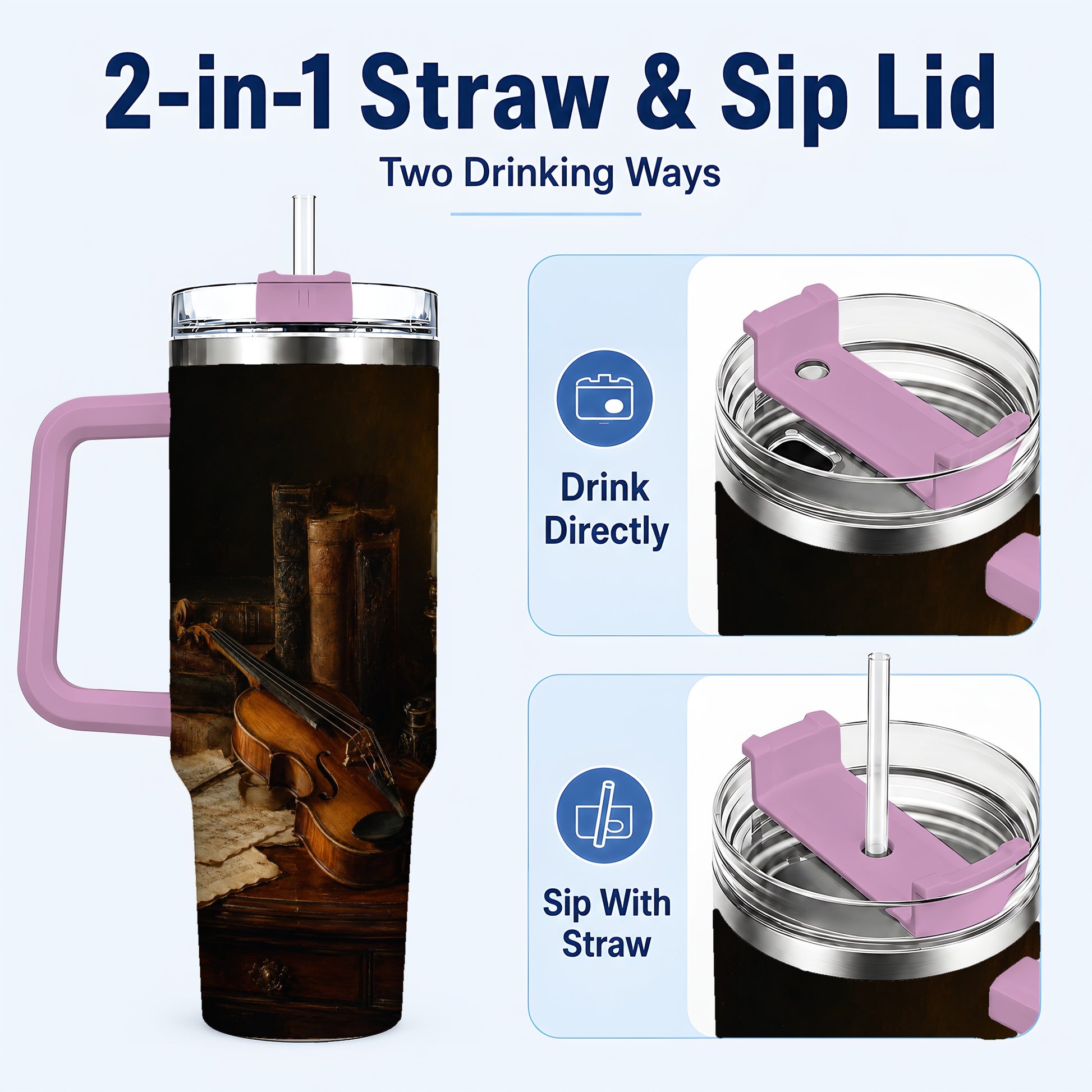 #pl[40oz|Pink] Violin Still Life 40oz Tumbler with Handle, Candlelit Music Scene