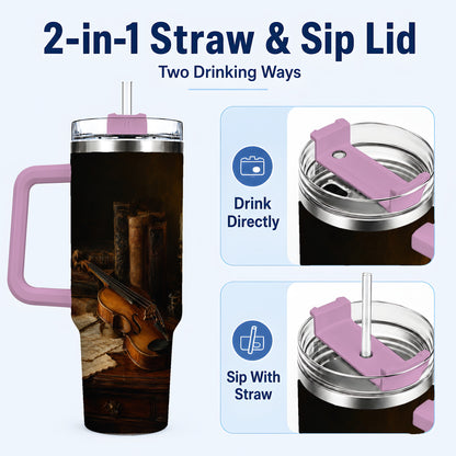 #pl[40oz|Pink] Violin Still Life 40oz Tumbler with Handle, Candlelit Music Scene