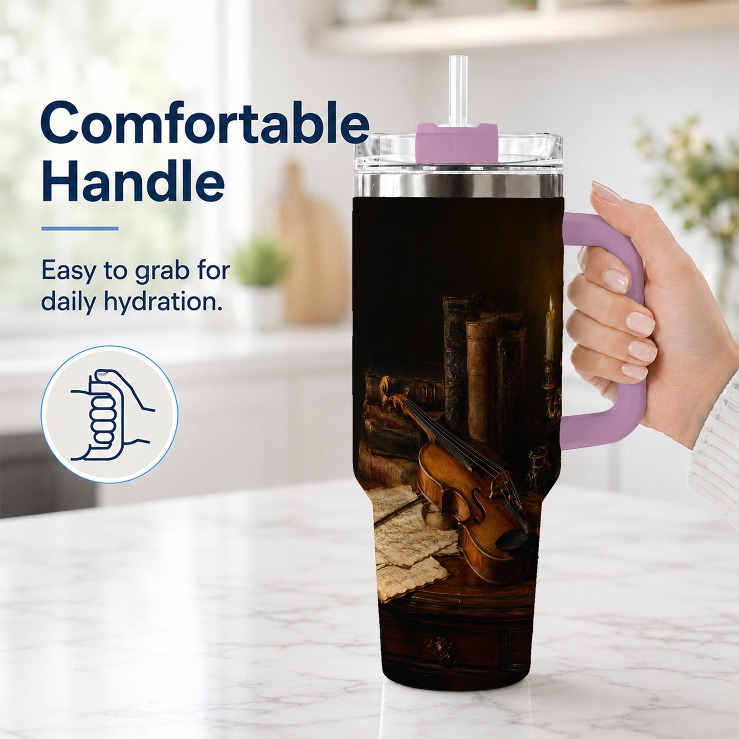 #pl[40oz|Pink] Violin Still Life 40oz Tumbler with Handle, Candlelit Music Scene