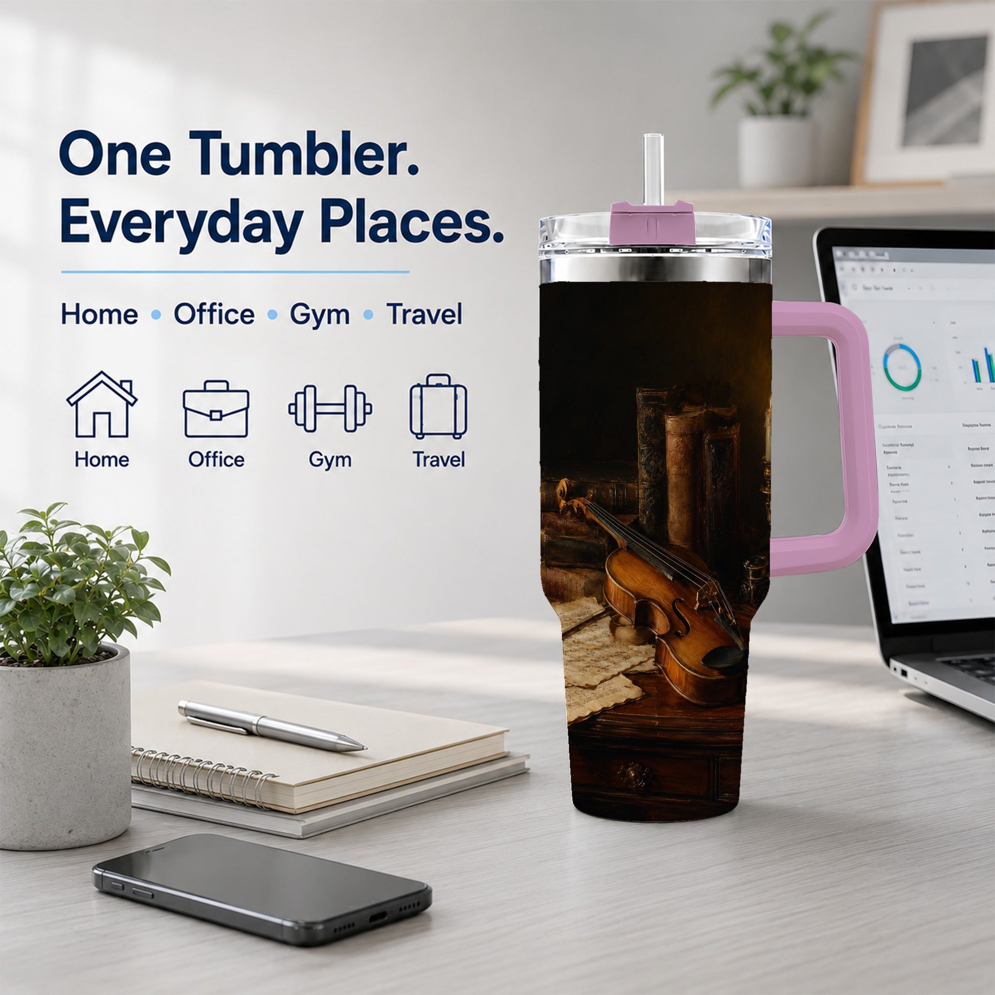 #pl[40oz|Pink] Violin Still Life 40oz Tumbler with Handle, Candlelit Music Scene