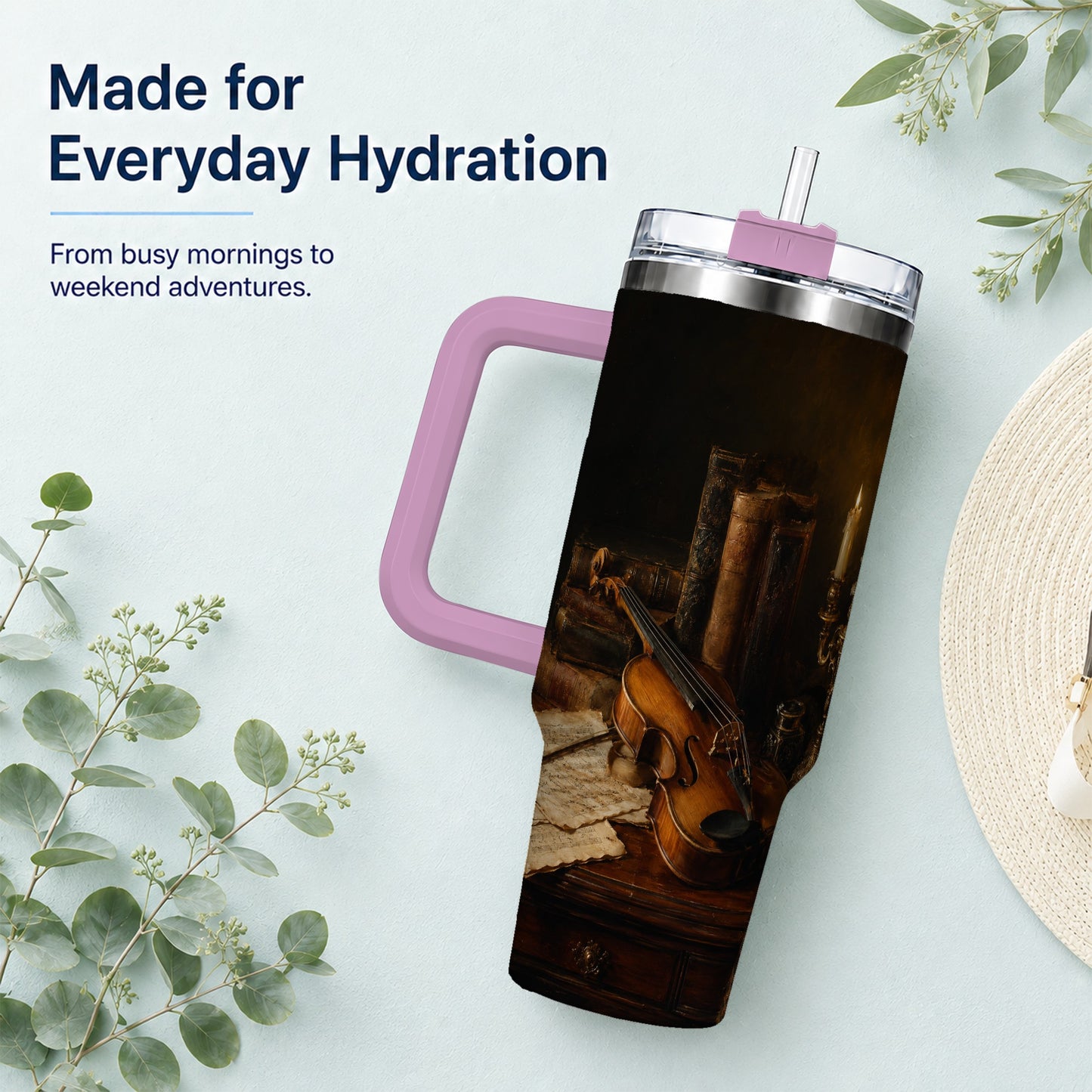 #pl[40oz|Pink] Violin Still Life 40oz Tumbler with Handle, Candlelit Music Scene