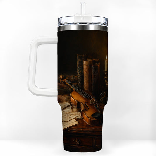 Violin Still Life 40oz Tumbler with Handle, Candlelit Music Scene