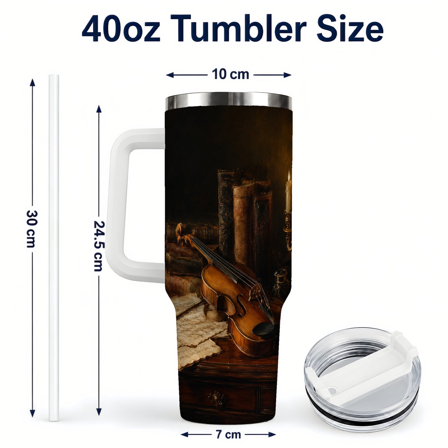 #pl[40oz|White] Violin Still Life 40oz Tumbler with Handle, Candlelit Music Scene