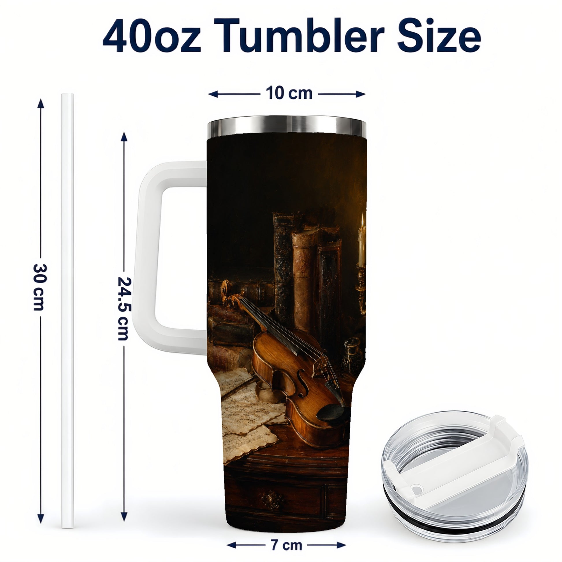 #pl[40oz|White] Violin Still Life 40oz Tumbler with Handle, Candlelit Music Scene