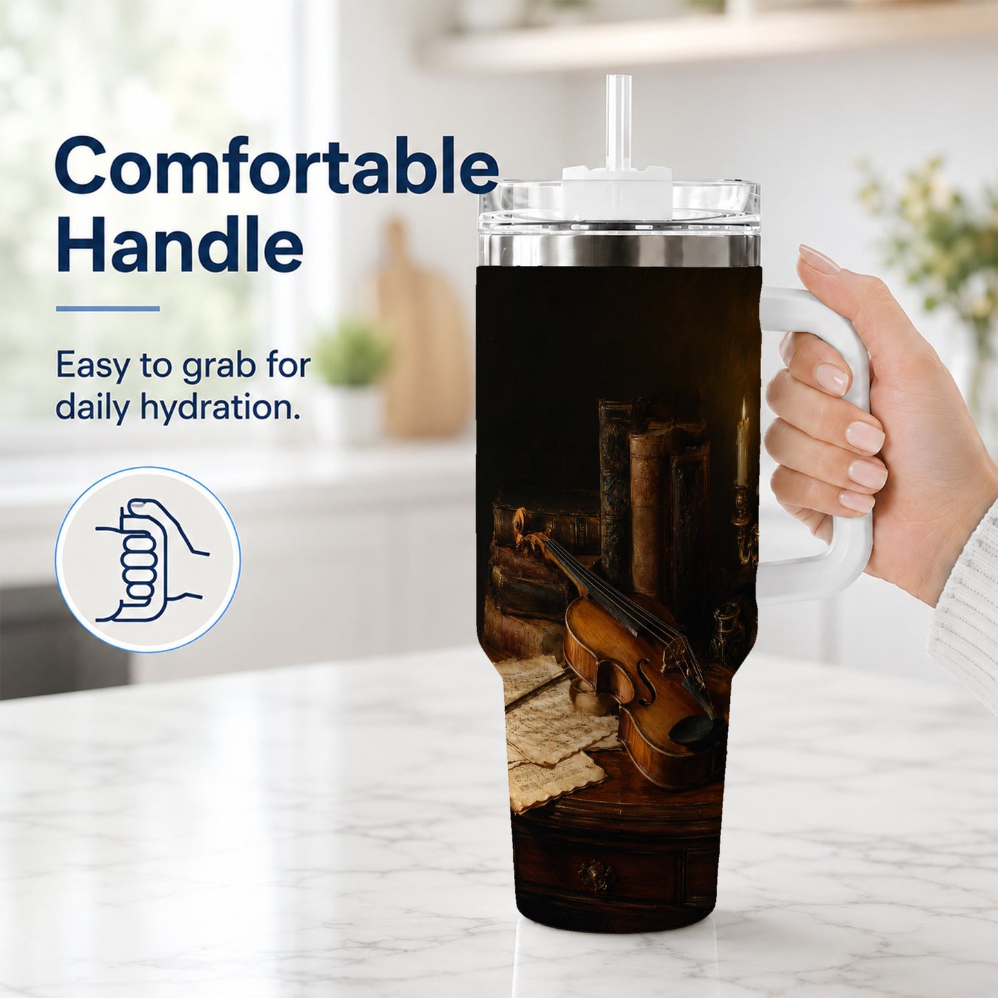#pl[40oz|White] Violin Still Life 40oz Tumbler with Handle, Candlelit Music Scene