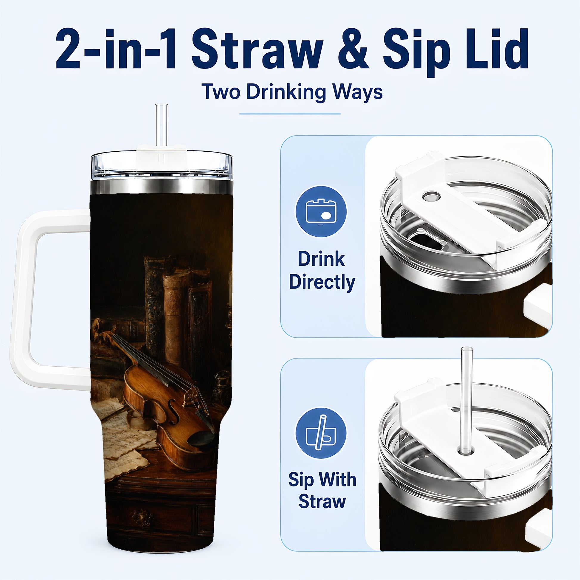 #pl[40oz|White] Violin Still Life 40oz Tumbler with Handle, Candlelit Music Scene