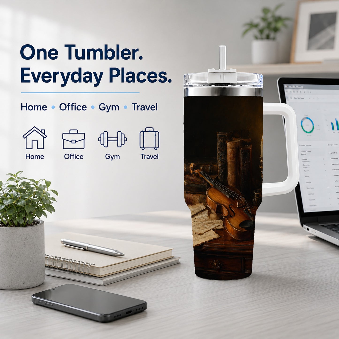 #pl[40oz|White] Violin Still Life 40oz Tumbler with Handle, Candlelit Music Scene