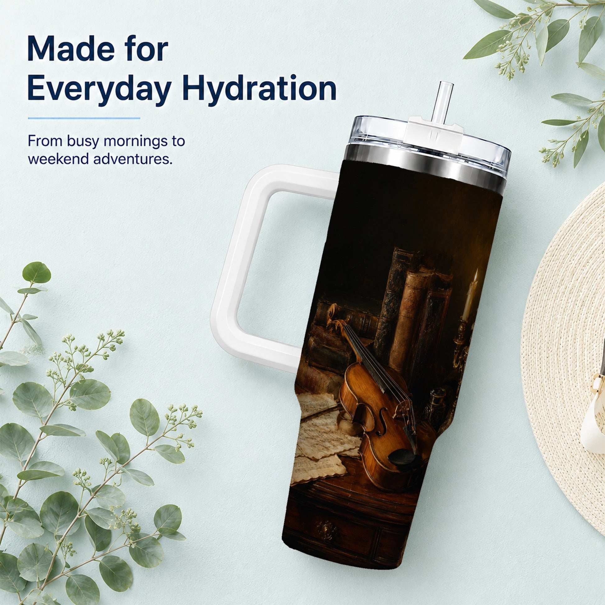#pl[40oz|White] Violin Still Life 40oz Tumbler with Handle, Candlelit Music Scene