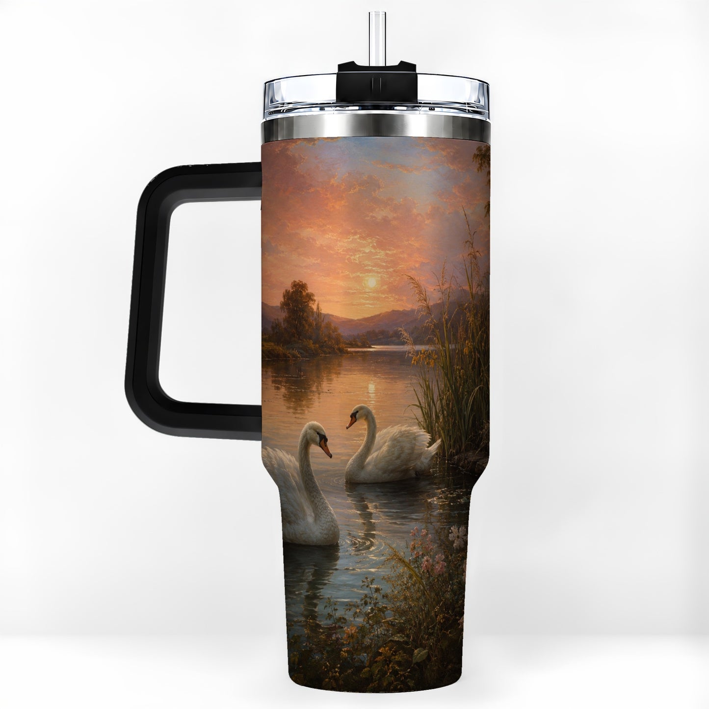 #pl[40oz|Black] Swan Lake Sunset 40oz Tumbler with Handle, Romantic Water Scene