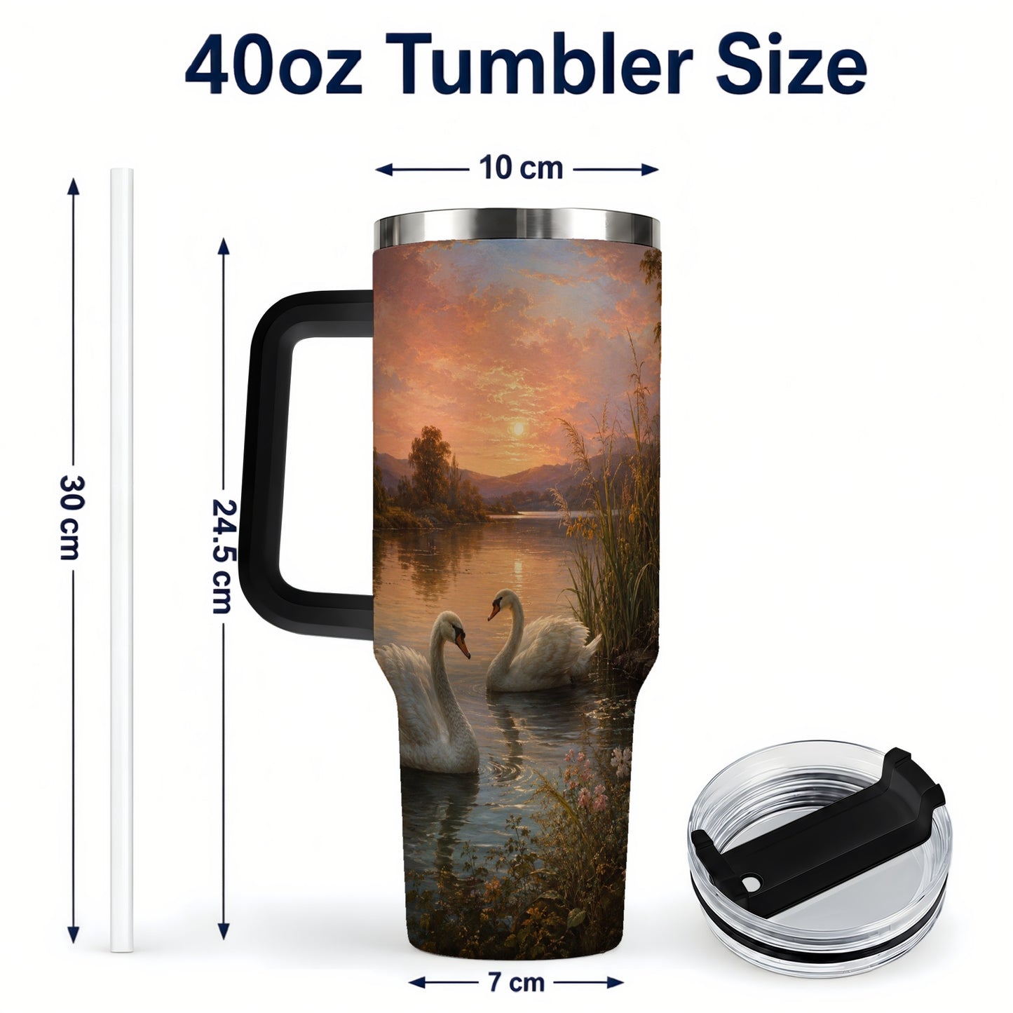 #pl[40oz|Black] Swan Lake Sunset 40oz Tumbler with Handle, Romantic Water Scene