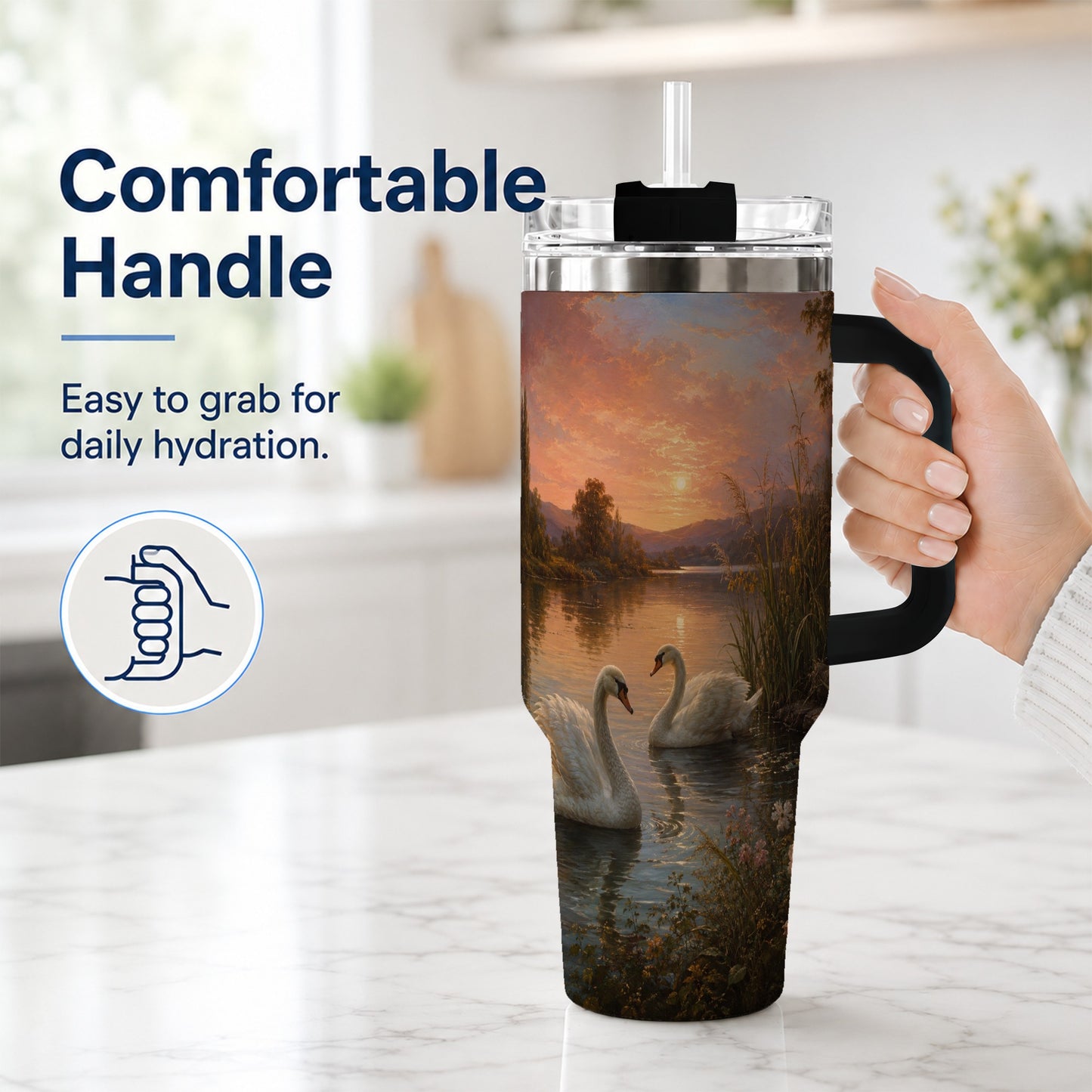 #pl[40oz|Black] Swan Lake Sunset 40oz Tumbler with Handle, Romantic Water Scene