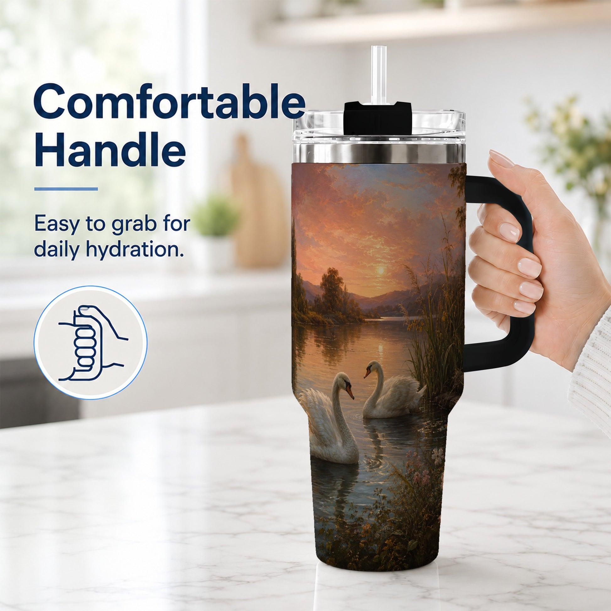 #pl[40oz|Black] Swan Lake Sunset 40oz Tumbler with Handle, Romantic Water Scene