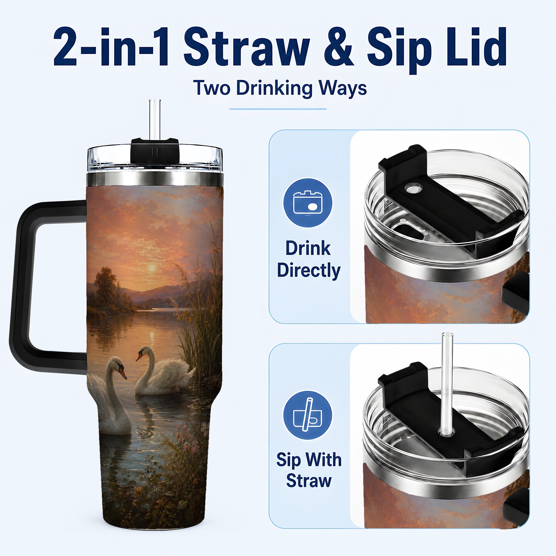 #pl[40oz|Black] Swan Lake Sunset 40oz Tumbler with Handle, Romantic Water Scene