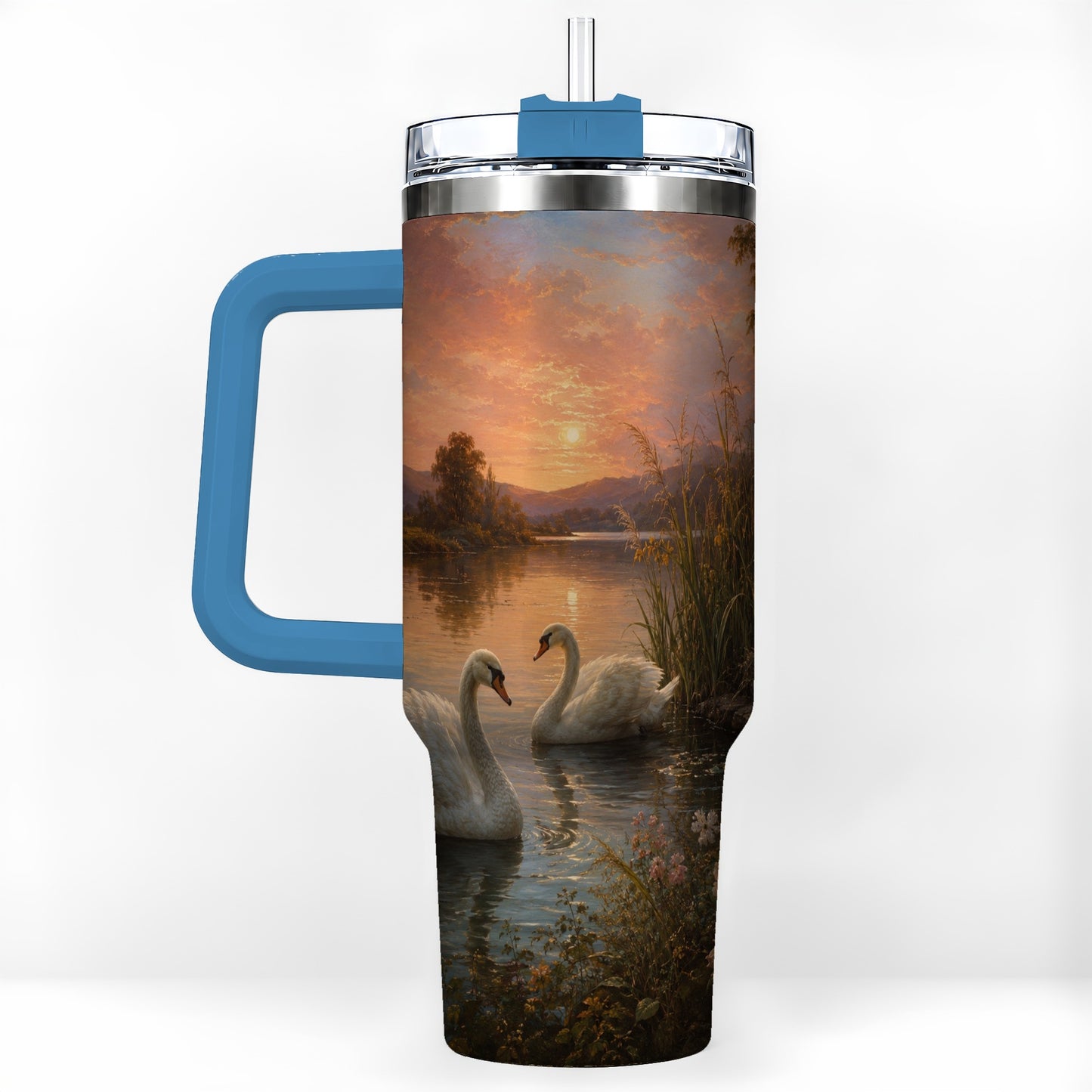 #pl[40oz|Blue] Swan Lake Sunset 40oz Tumbler with Handle, Romantic Water Scene