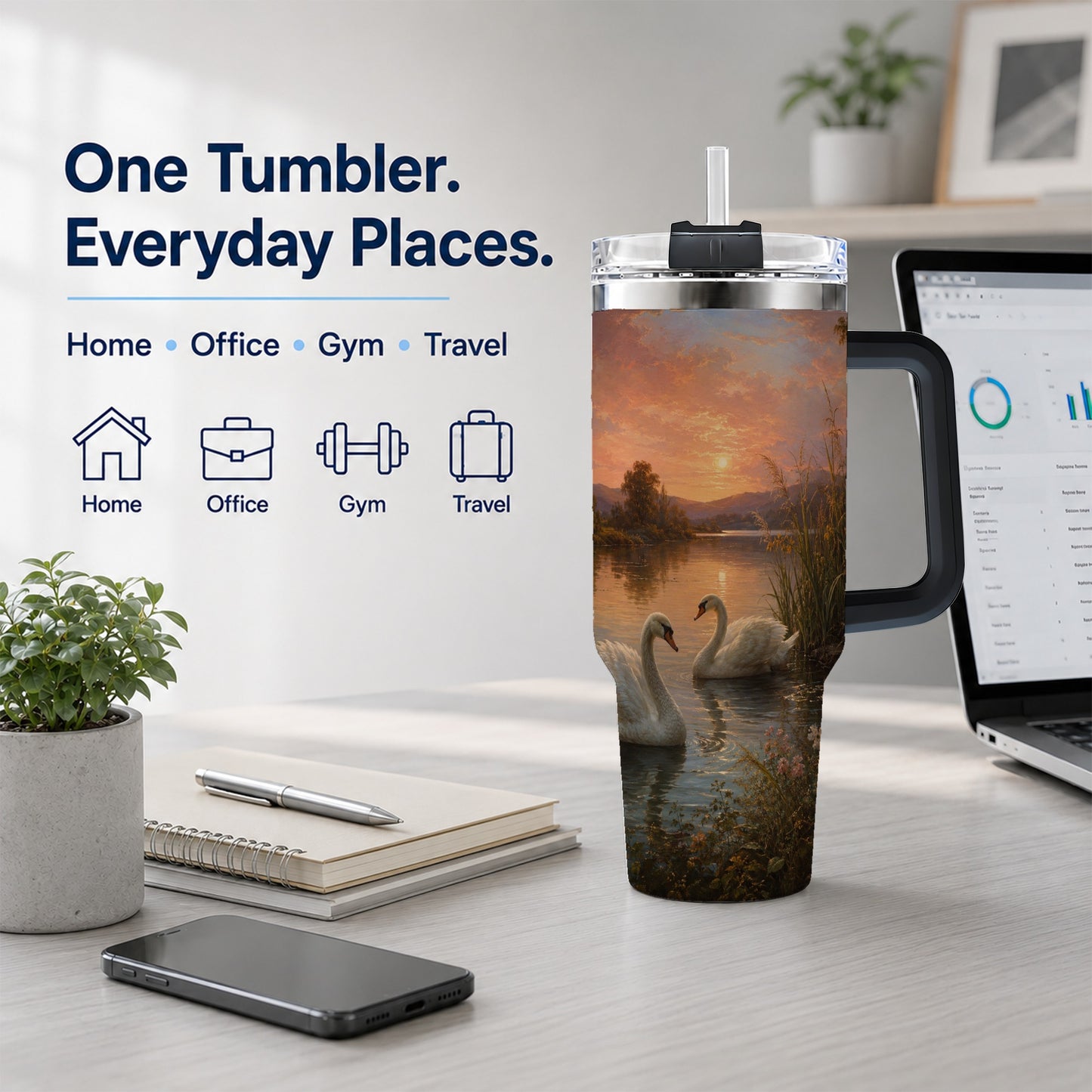 #pl[40oz|Black] Swan Lake Sunset 40oz Tumbler with Handle, Romantic Water Scene