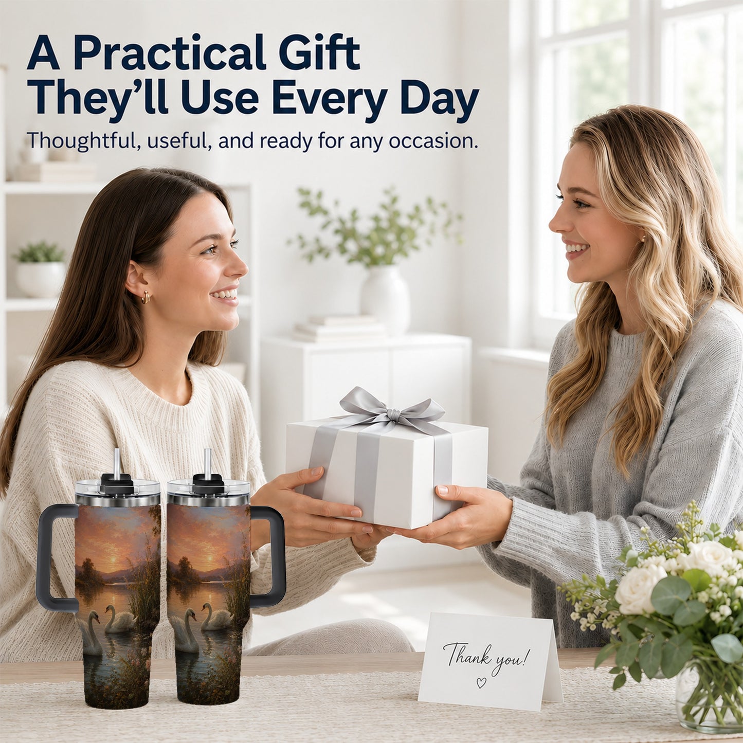 #pl[40oz|Black] Swan Lake Sunset 40oz Tumbler with Handle, Romantic Water Scene