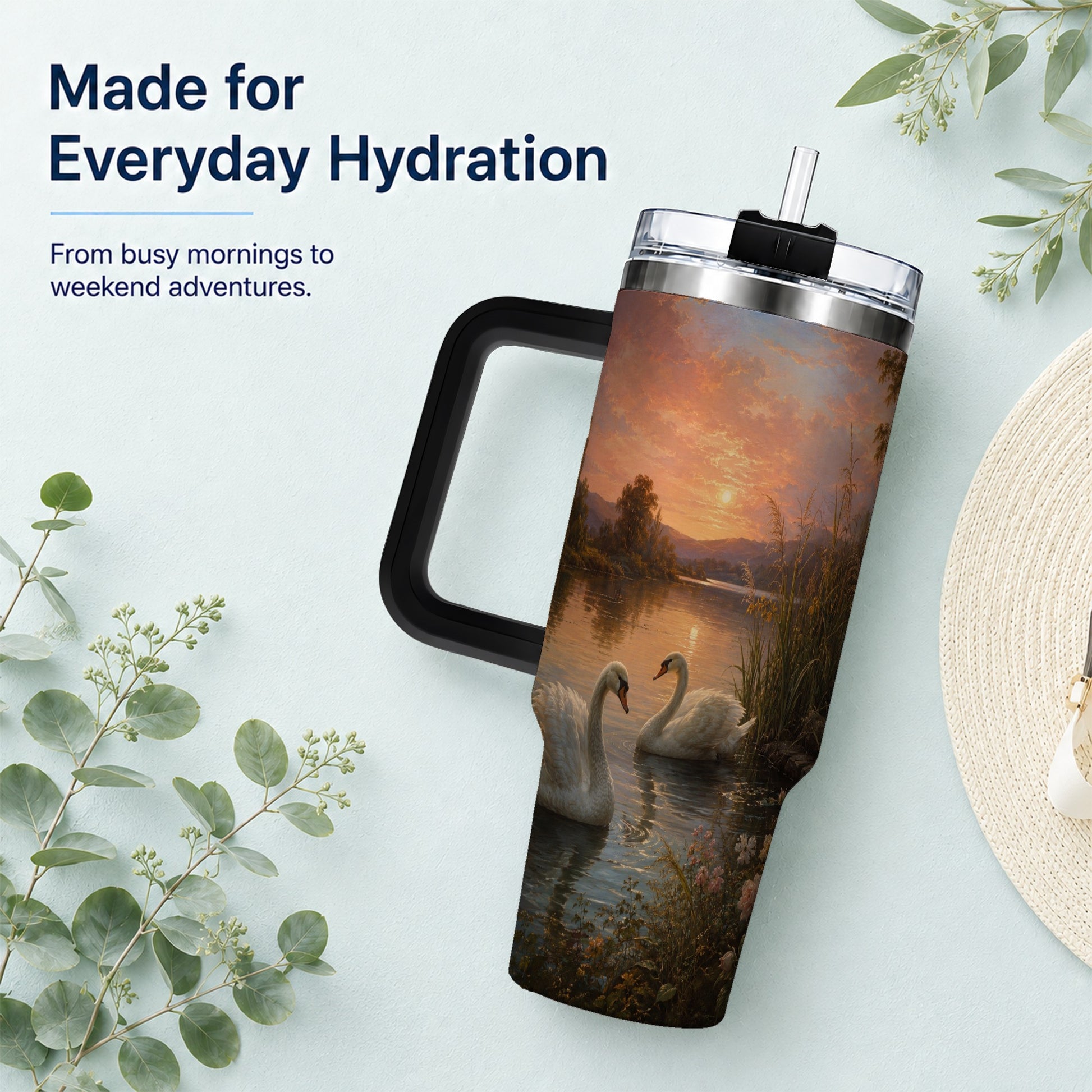 #pl[40oz|Black] Swan Lake Sunset 40oz Tumbler with Handle, Romantic Water Scene