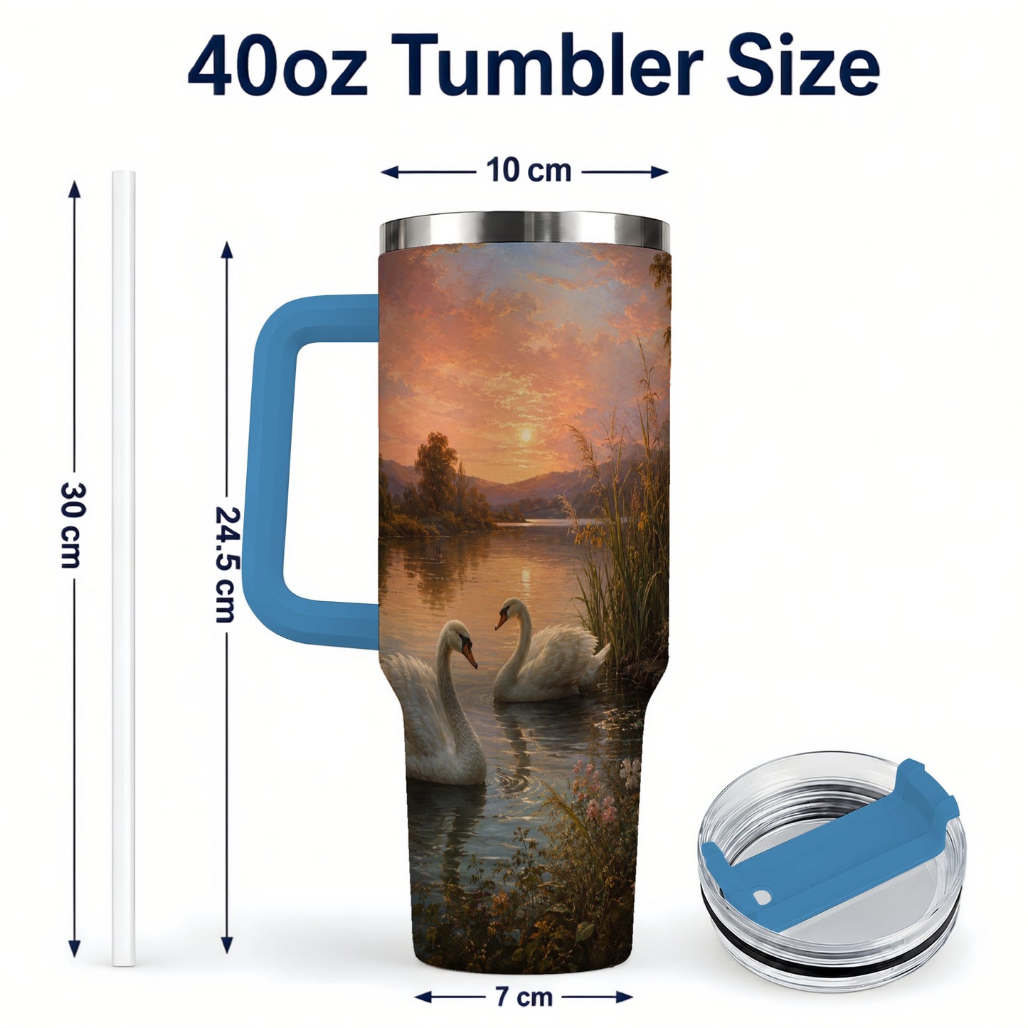#pl[40oz|Blue] Swan Lake Sunset 40oz Tumbler with Handle, Romantic Water Scene