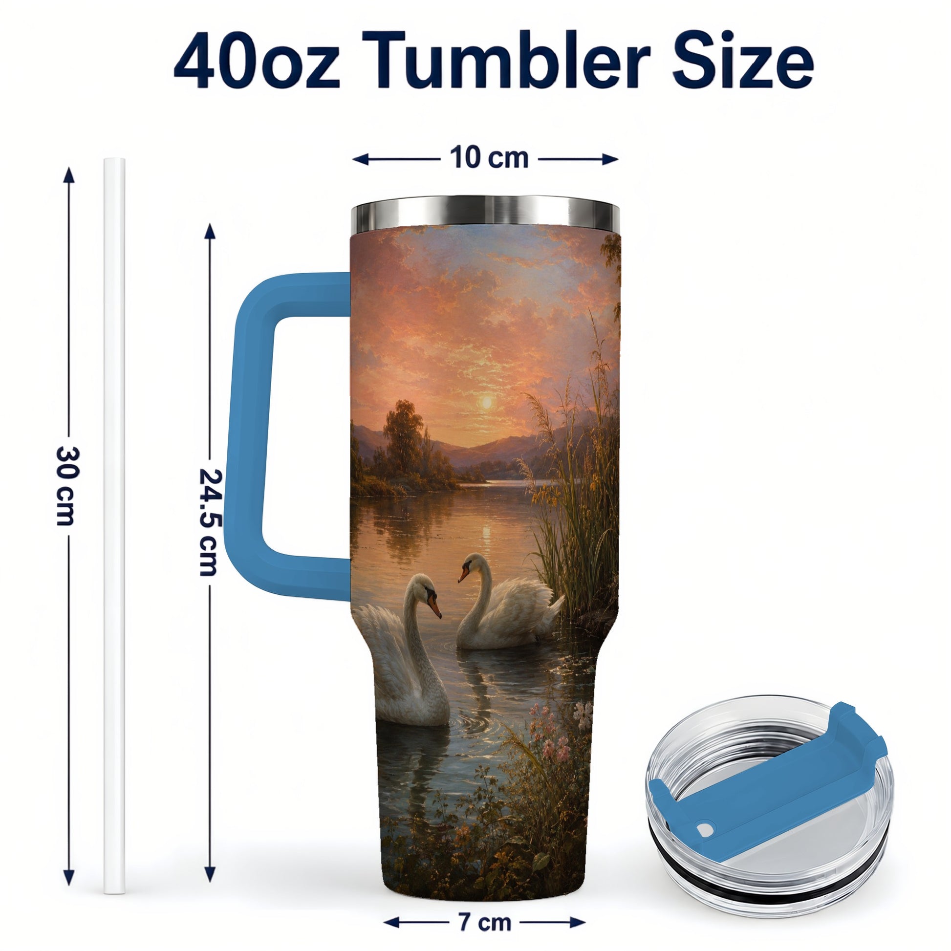 #pl[40oz|Blue] Swan Lake Sunset 40oz Tumbler with Handle, Romantic Water Scene