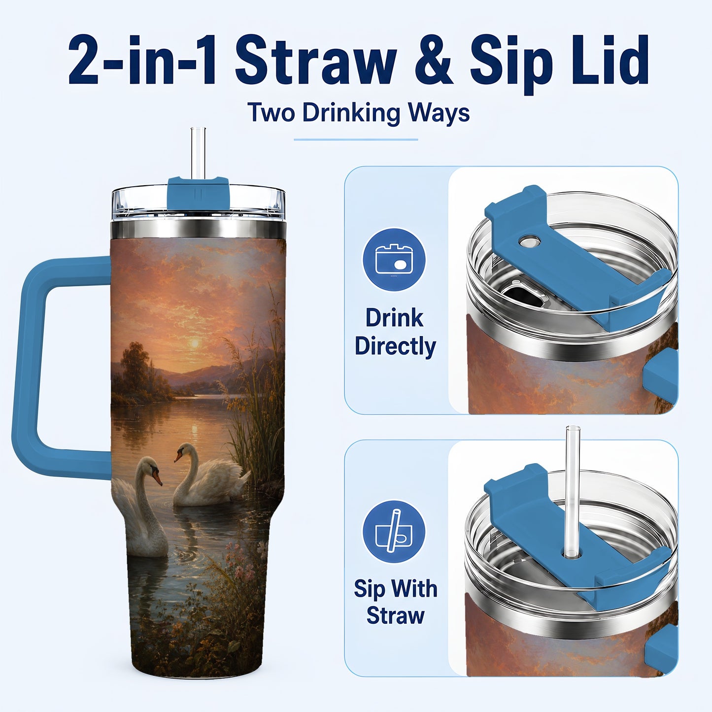 #pl[40oz|Blue] Swan Lake Sunset 40oz Tumbler with Handle, Romantic Water Scene