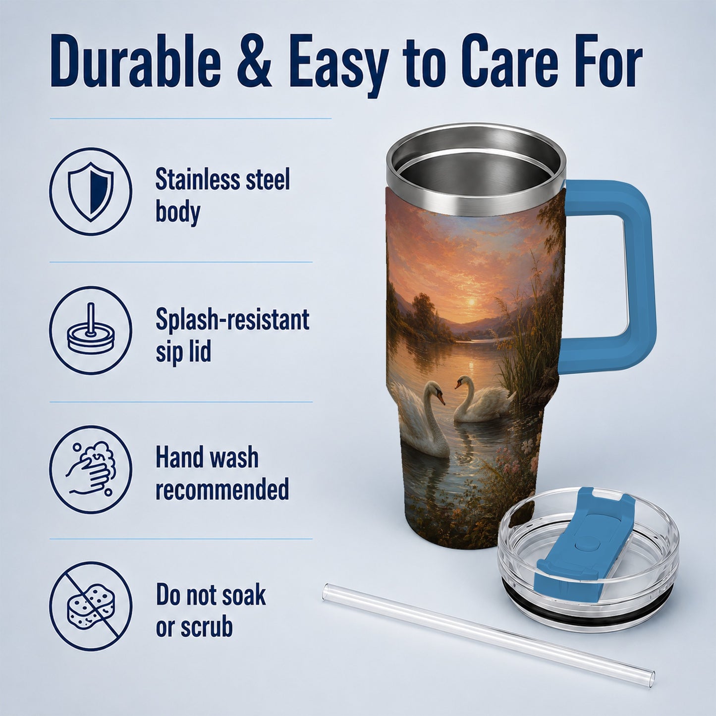 #pl[40oz|Blue] Swan Lake Sunset 40oz Tumbler with Handle, Romantic Water Scene