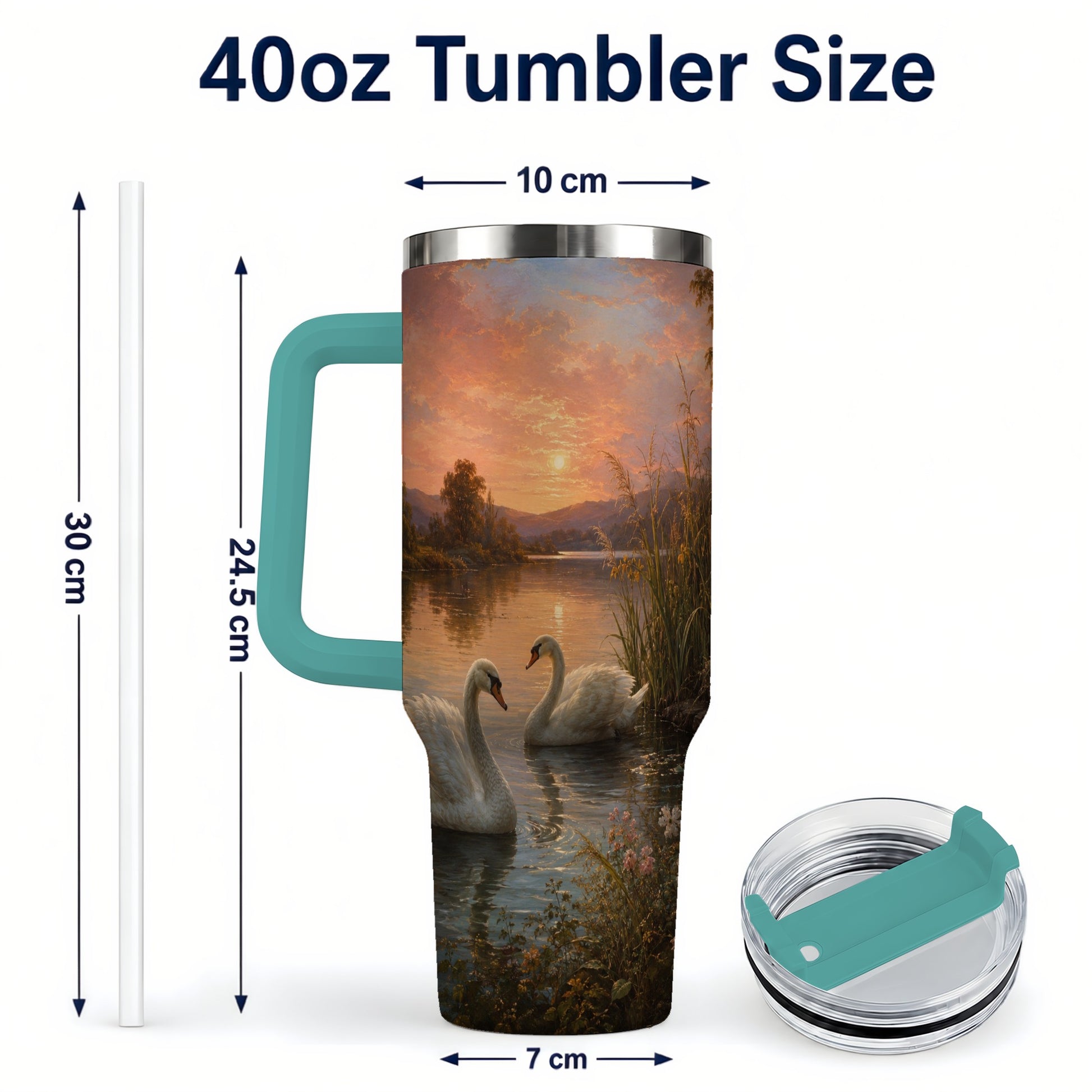 #pl[40oz|Green] Swan Lake Sunset 40oz Tumbler with Handle, Romantic Water Scene