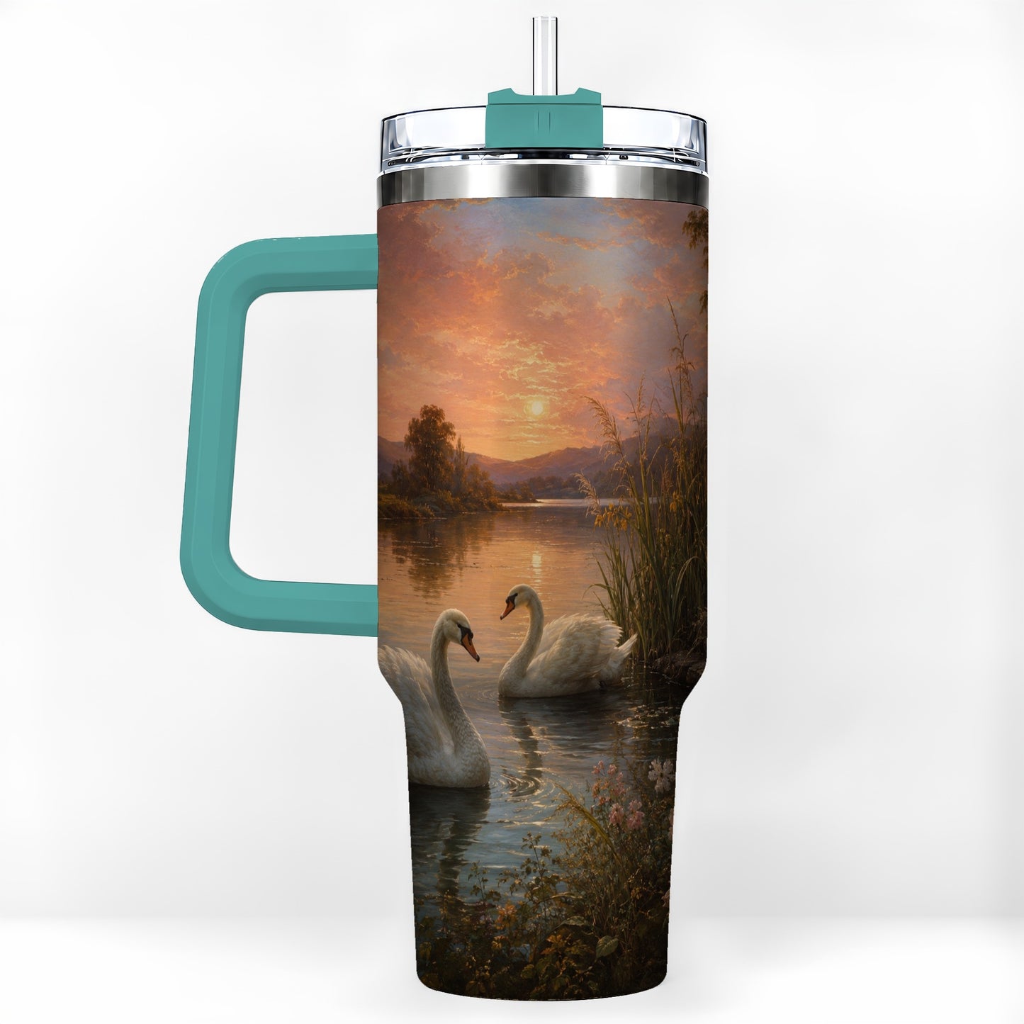 #pl[40oz|Green] Swan Lake Sunset 40oz Tumbler with Handle, Romantic Water Scene