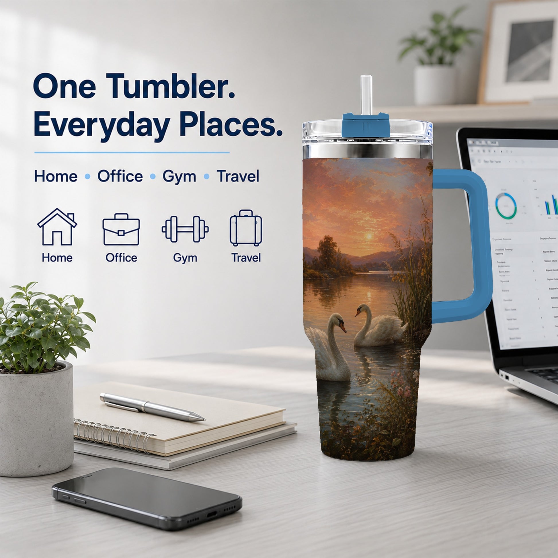 #pl[40oz|Blue] Swan Lake Sunset 40oz Tumbler with Handle, Romantic Water Scene