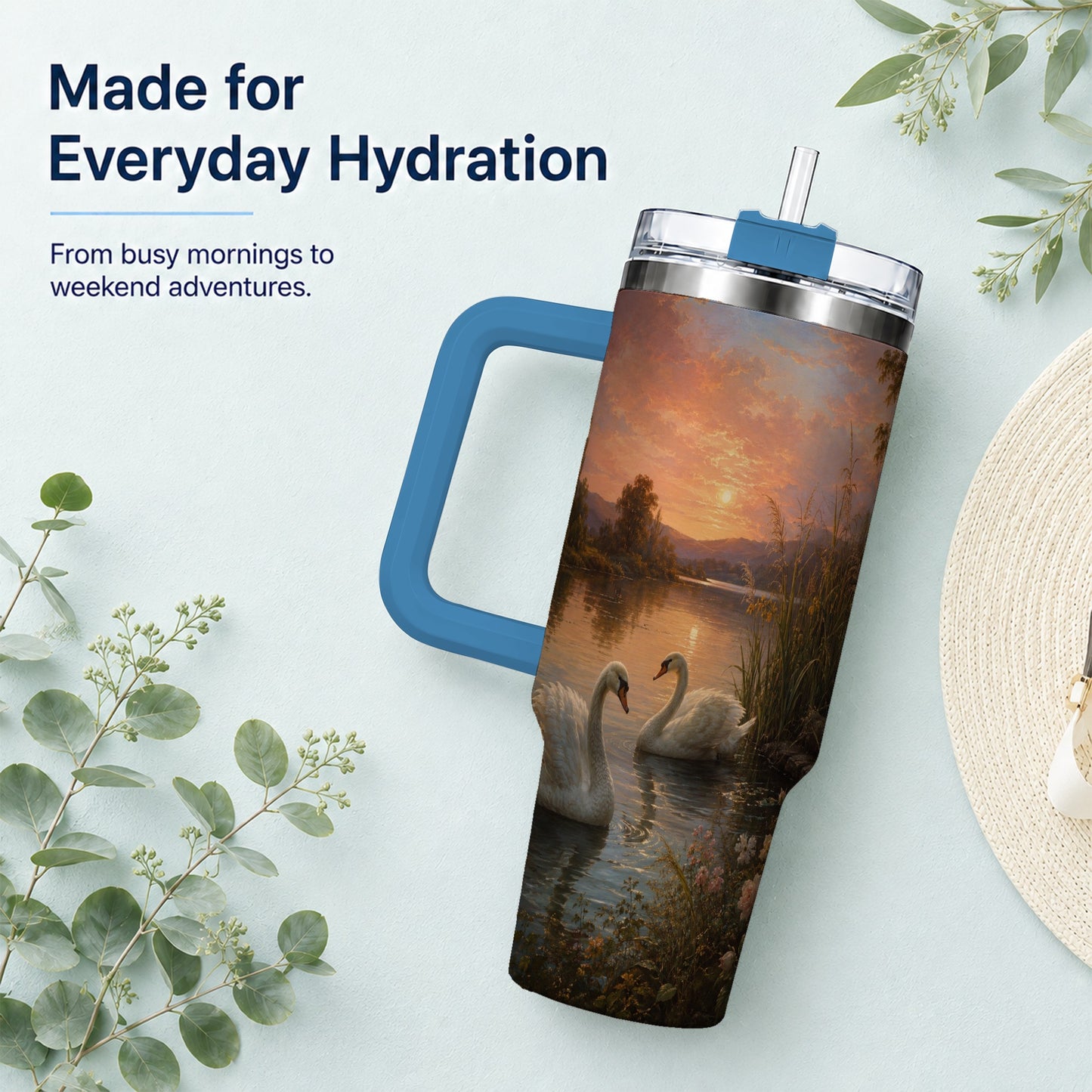 #pl[40oz|Blue] Swan Lake Sunset 40oz Tumbler with Handle, Romantic Water Scene