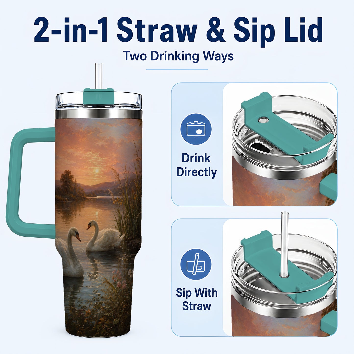 #pl[40oz|Green] Swan Lake Sunset 40oz Tumbler with Handle, Romantic Water Scene