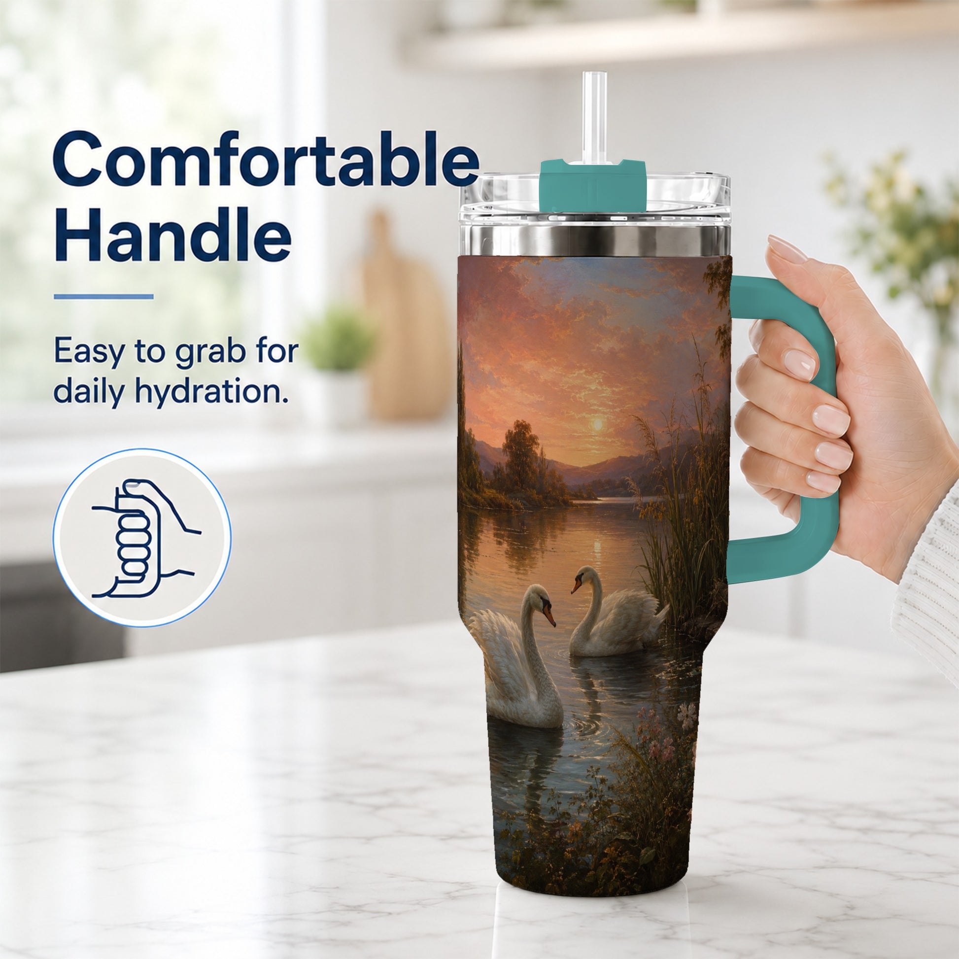 #pl[40oz|Green] Swan Lake Sunset 40oz Tumbler with Handle, Romantic Water Scene