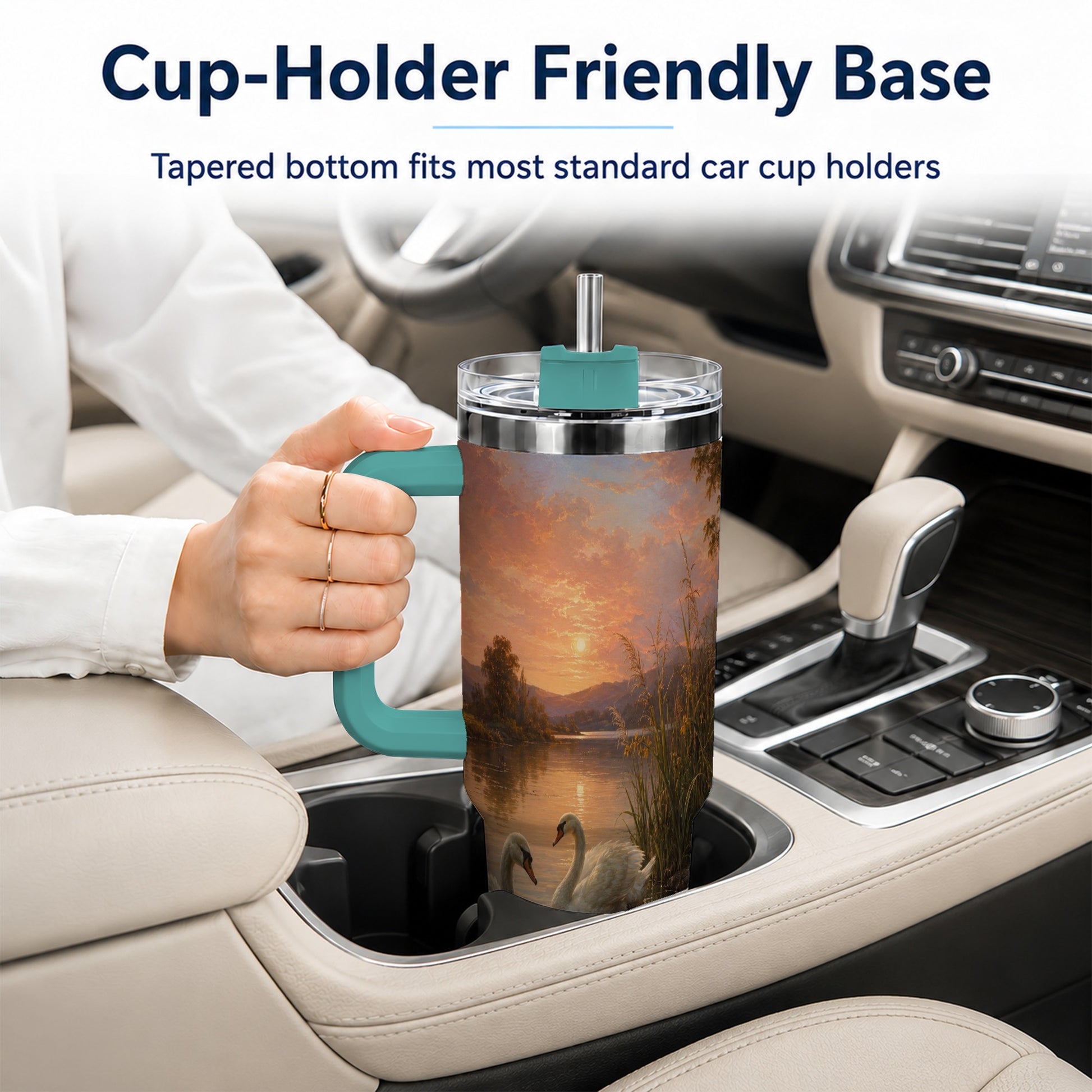 #pl[40oz|Green] Swan Lake Sunset 40oz Tumbler with Handle, Romantic Water Scene
