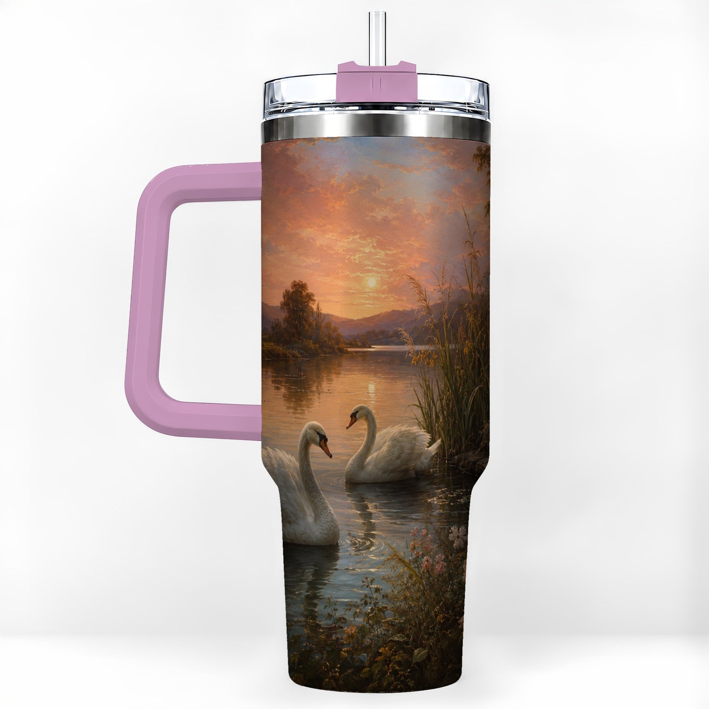 #pl[40oz|Pink] Swan Lake Sunset 40oz Tumbler with Handle, Romantic Water Scene