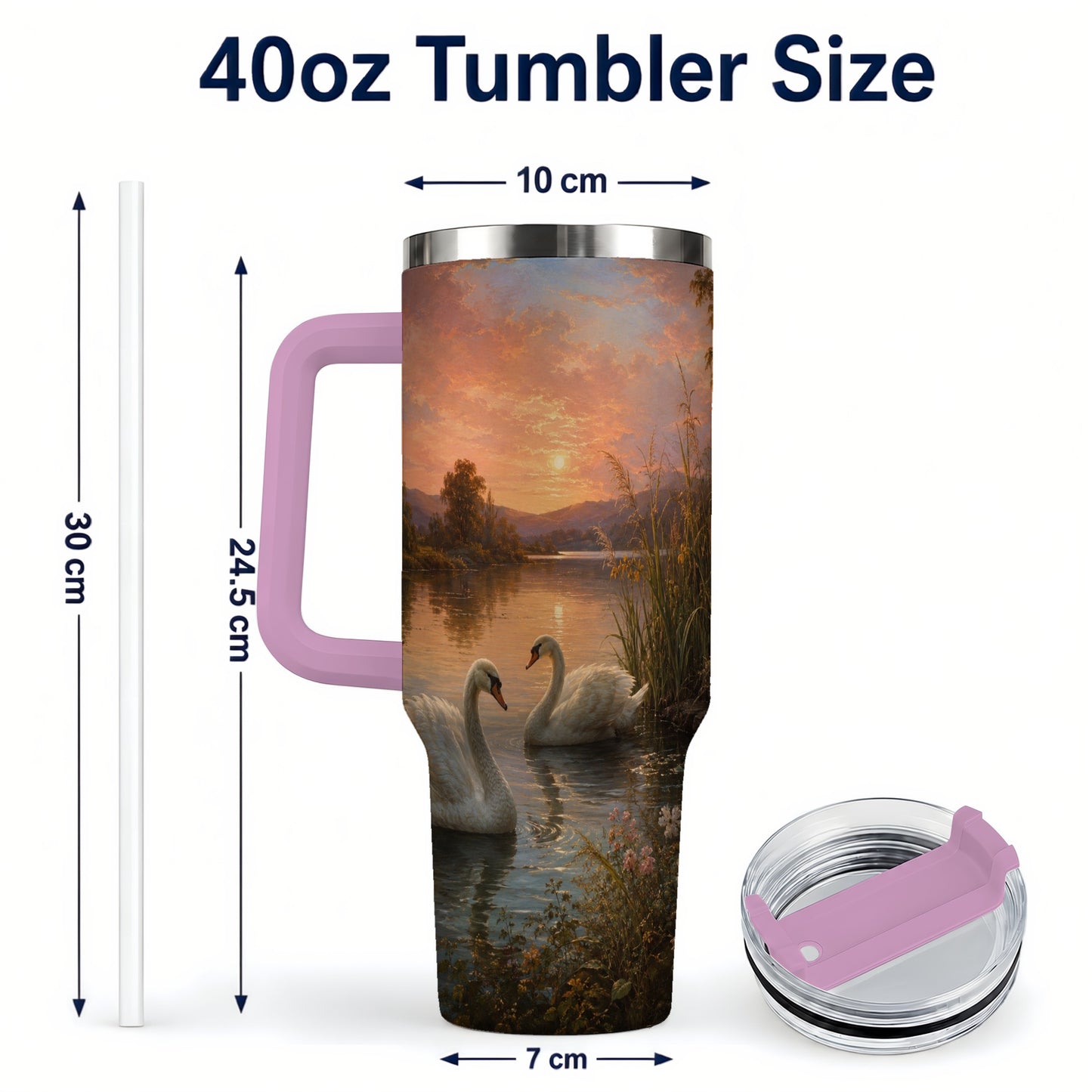 #pl[40oz|Pink] Swan Lake Sunset 40oz Tumbler with Handle, Romantic Water Scene