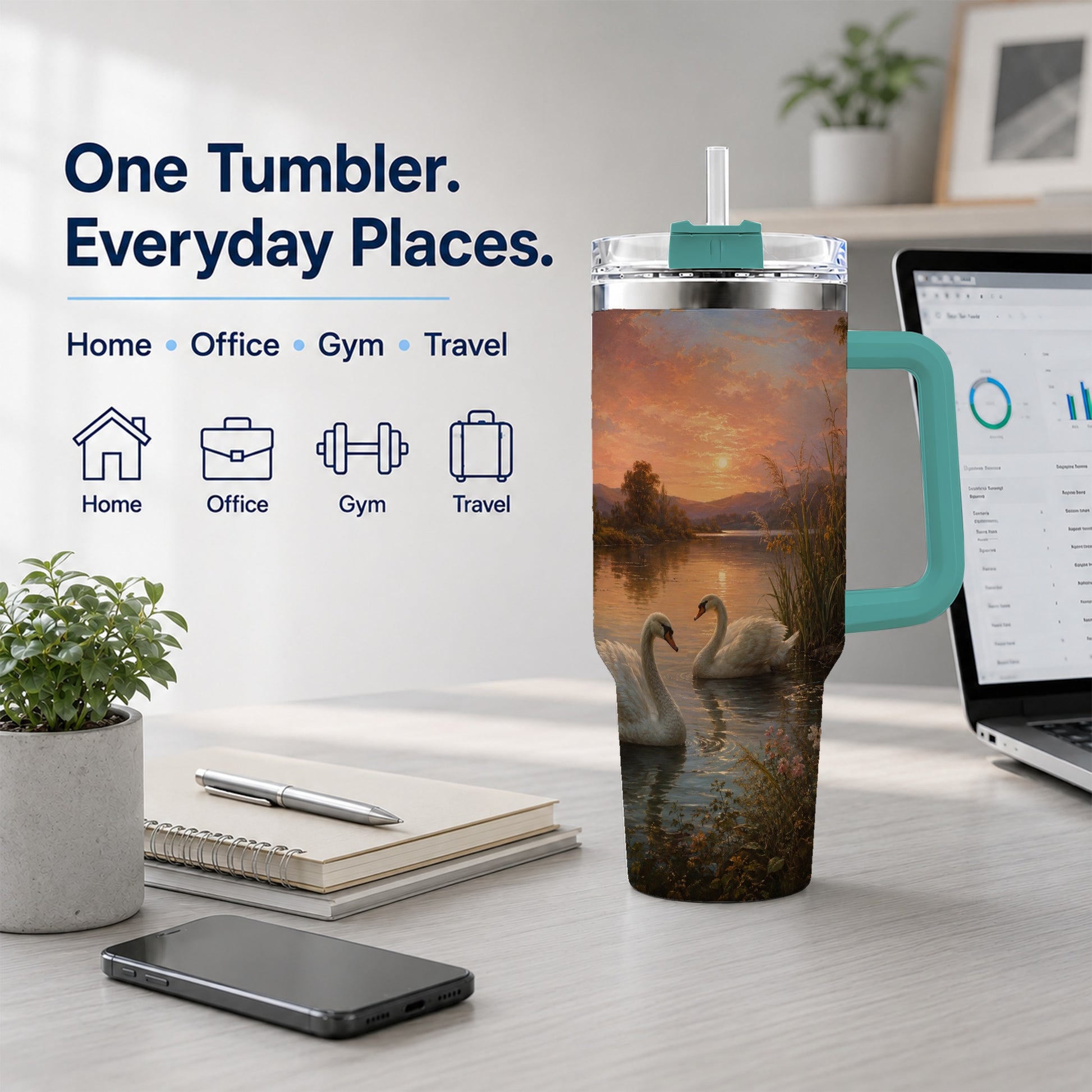 #pl[40oz|Green] Swan Lake Sunset 40oz Tumbler with Handle, Romantic Water Scene