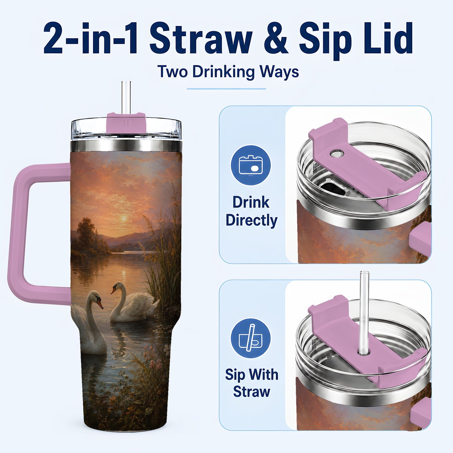 #pl[40oz|Pink] Swan Lake Sunset 40oz Tumbler with Handle, Romantic Water Scene