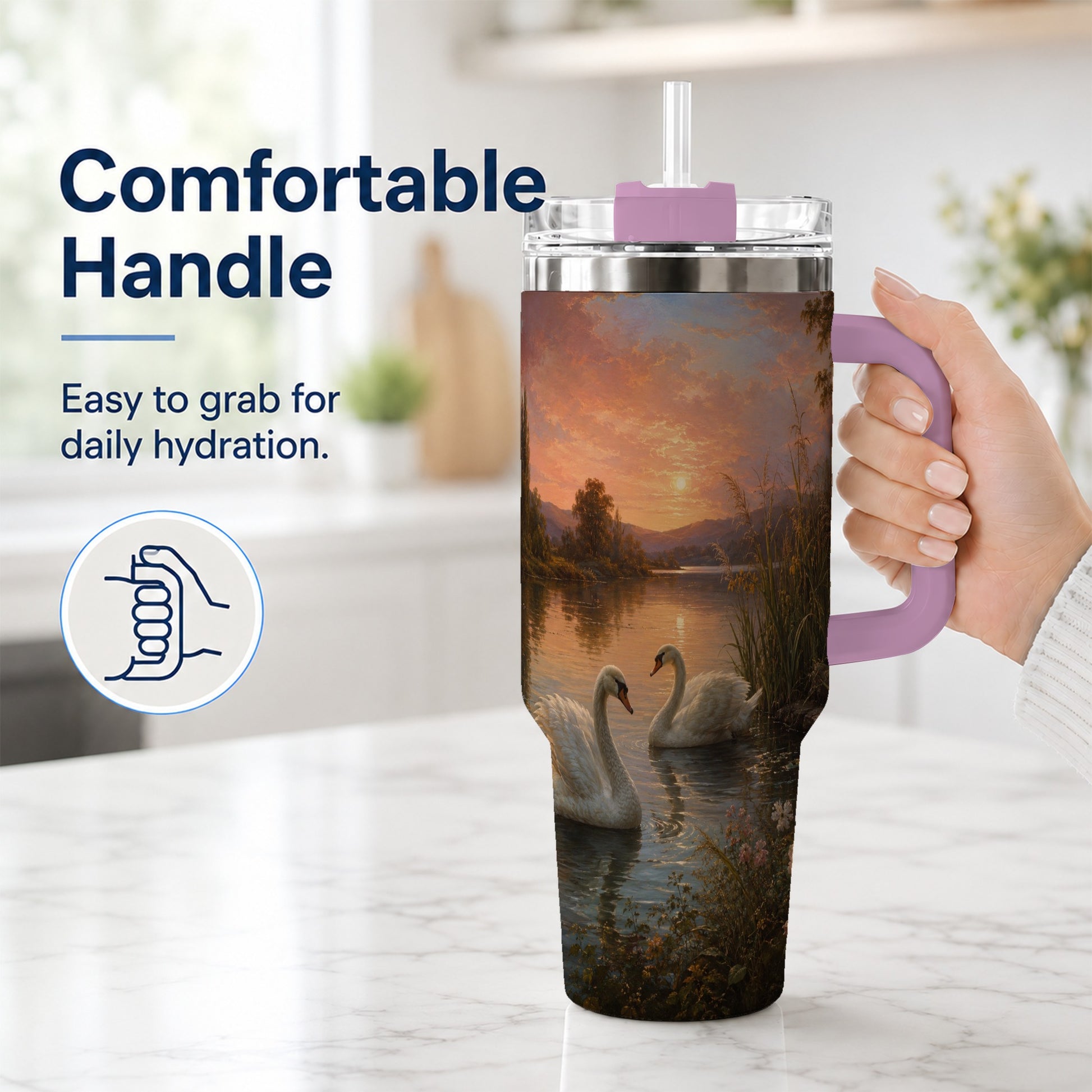 #pl[40oz|Pink] Swan Lake Sunset 40oz Tumbler with Handle, Romantic Water Scene