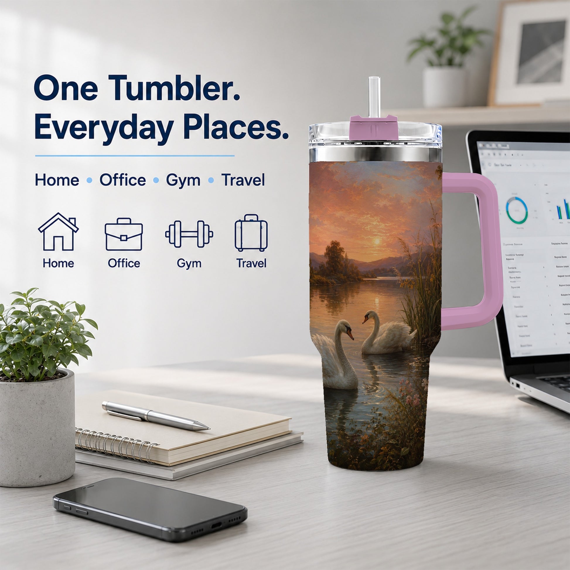 #pl[40oz|Pink] Swan Lake Sunset 40oz Tumbler with Handle, Romantic Water Scene