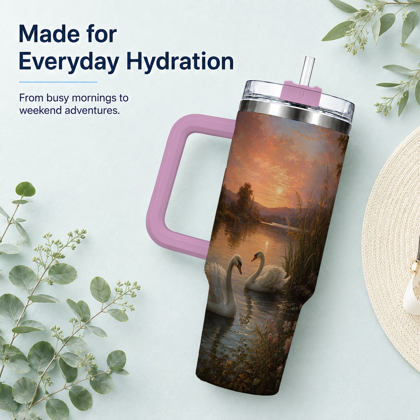 #pl[40oz|Pink] Swan Lake Sunset 40oz Tumbler with Handle, Romantic Water Scene