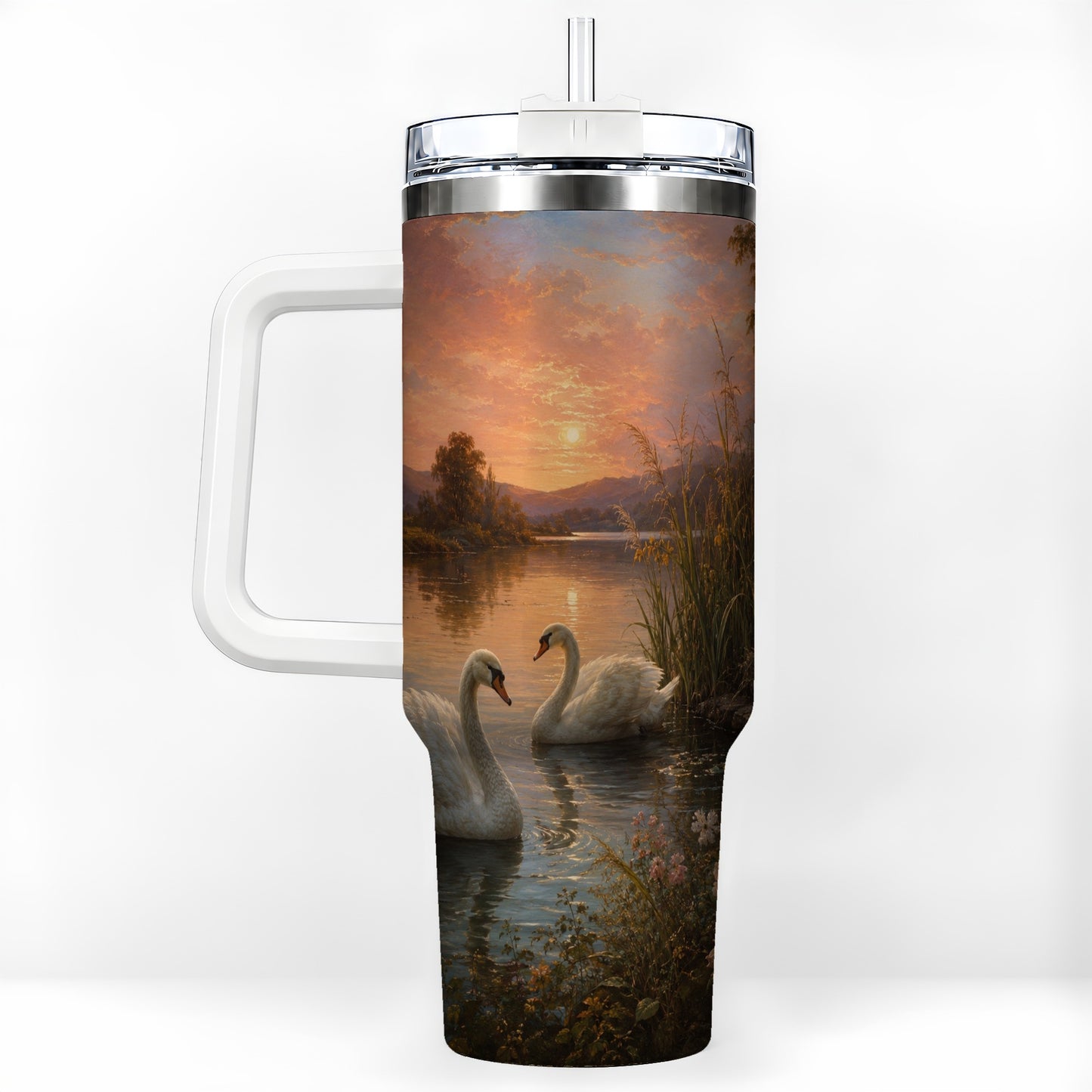 Swan Lake Sunset 40oz Tumbler with Handle, Romantic Water Scene