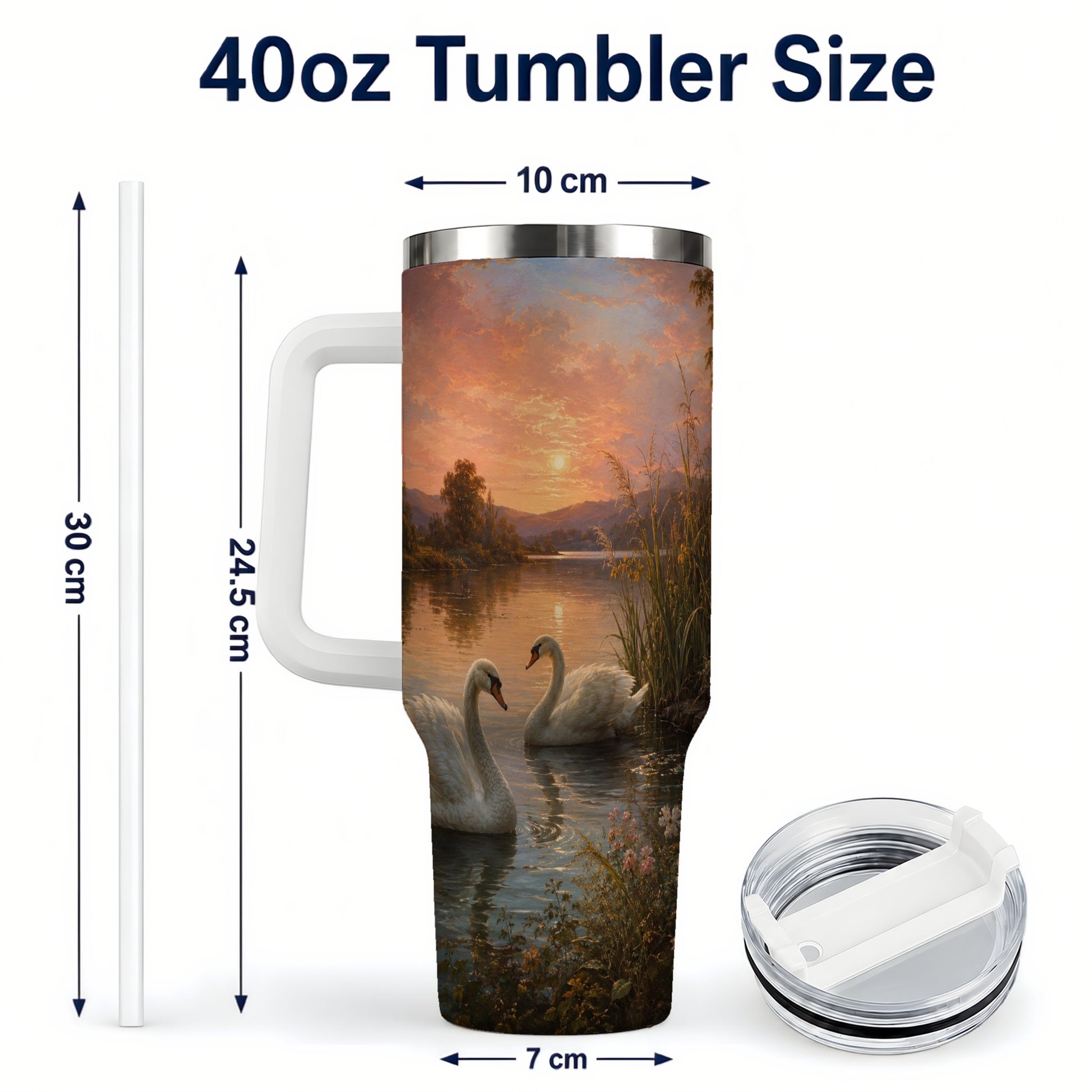 #pl[40oz|White] Swan Lake Sunset 40oz Tumbler with Handle, Romantic Water Scene