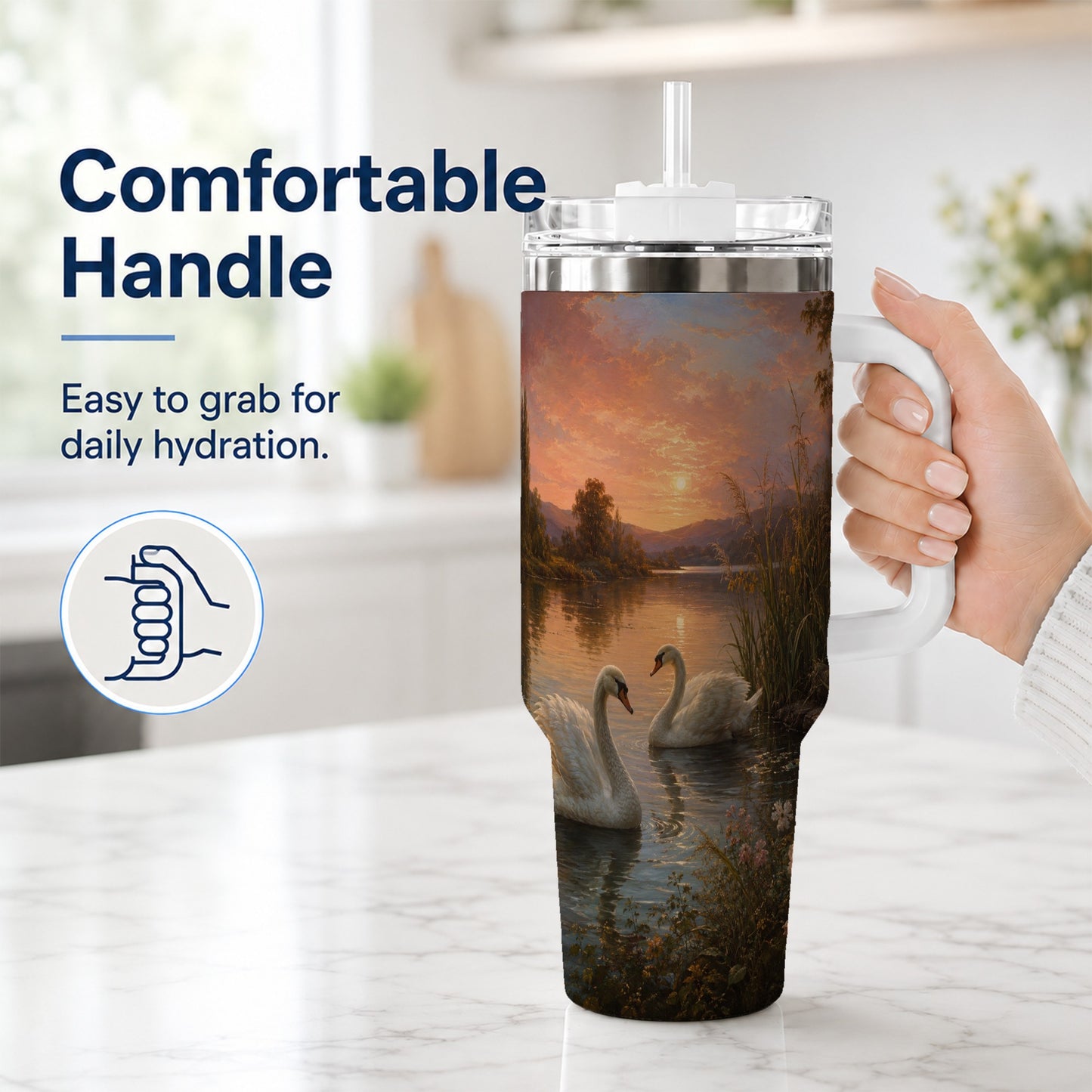 #pl[40oz|White] Swan Lake Sunset 40oz Tumbler with Handle, Romantic Water Scene