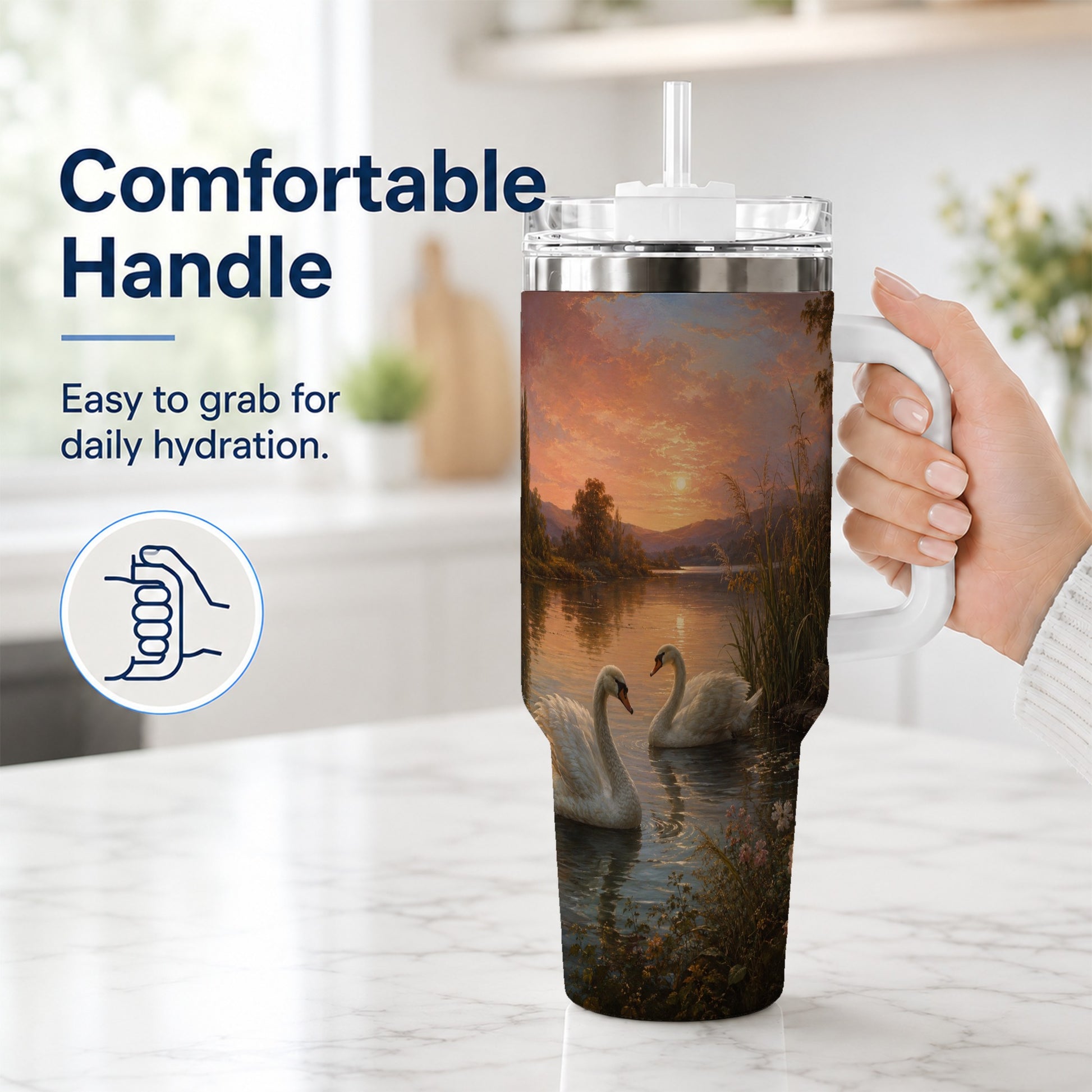 #pl[40oz|White] Swan Lake Sunset 40oz Tumbler with Handle, Romantic Water Scene