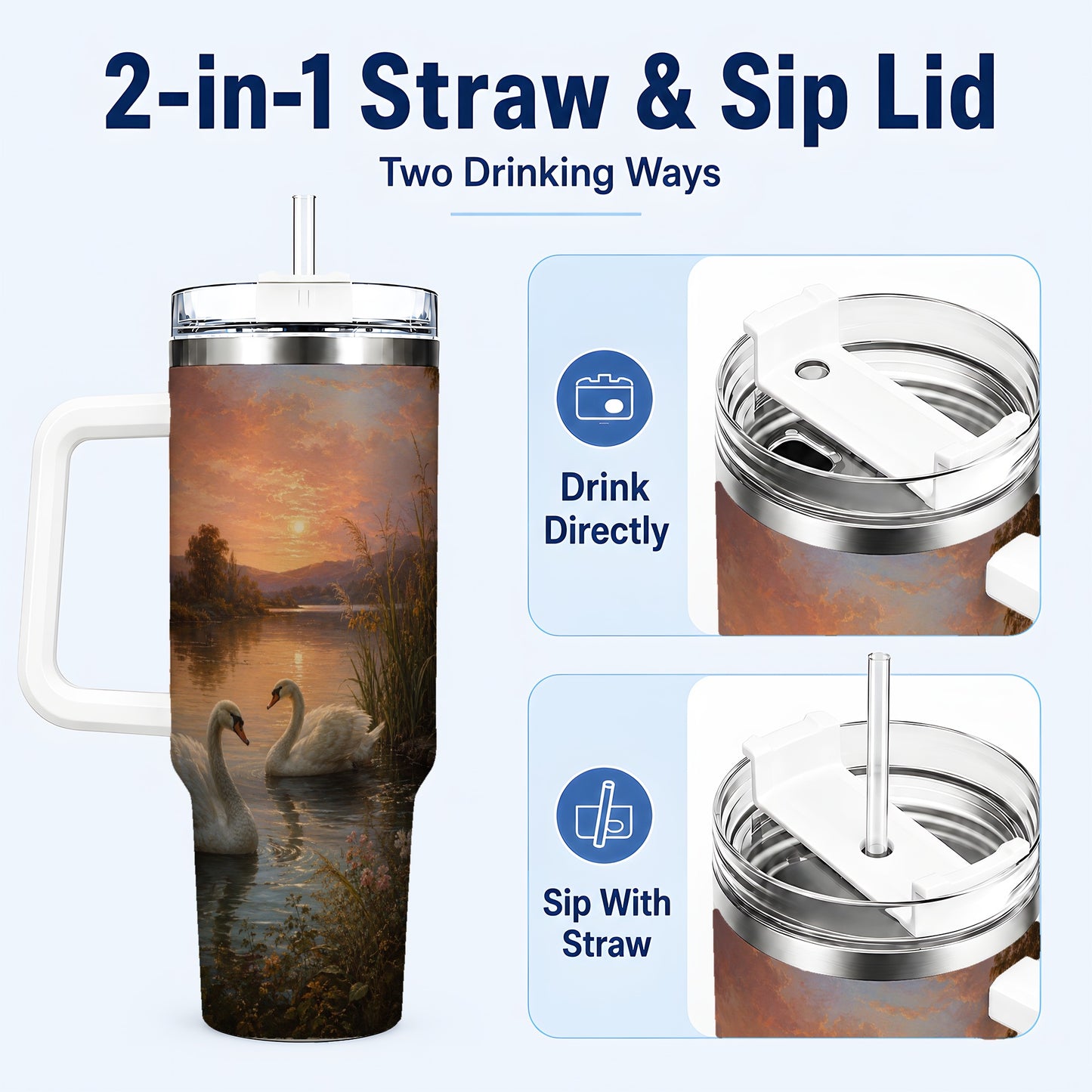 #pl[40oz|White] Swan Lake Sunset 40oz Tumbler with Handle, Romantic Water Scene