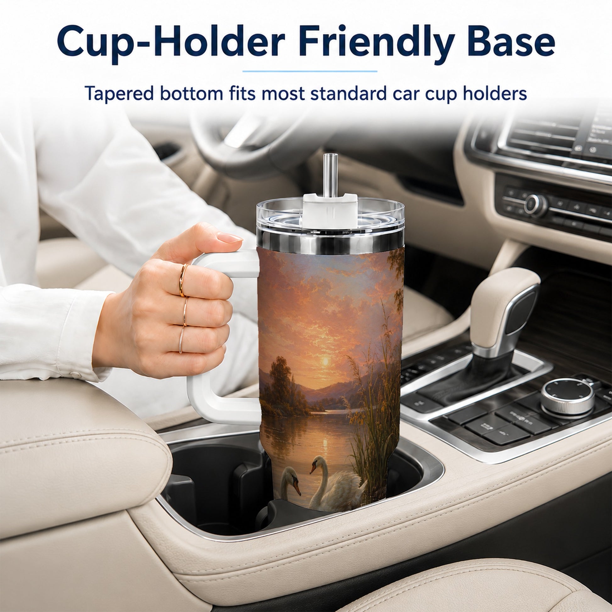 #pl[40oz|White] Swan Lake Sunset 40oz Tumbler with Handle, Romantic Water Scene