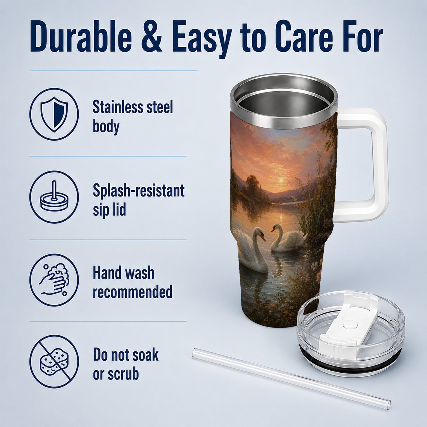 #pl[40oz|White] Swan Lake Sunset 40oz Tumbler with Handle, Romantic Water Scene