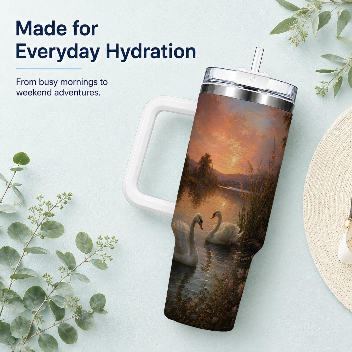 #pl[40oz|White] Swan Lake Sunset 40oz Tumbler with Handle, Romantic Water Scene