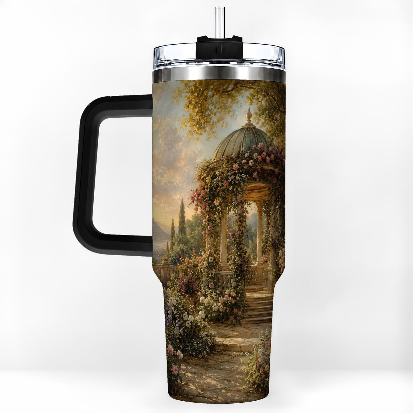 #pl[40oz|Black] Rose Garden Gazebo 40oz Tumbler with Handle, Lakeside Floral Scene