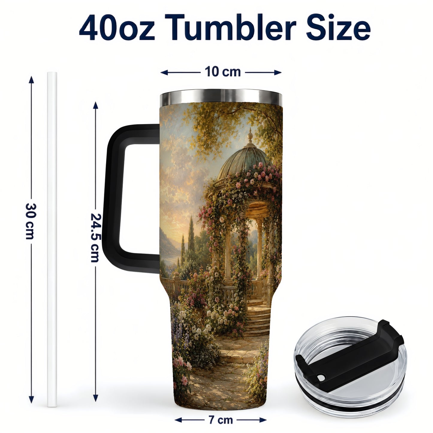 #pl[40oz|Black] Rose Garden Gazebo 40oz Tumbler with Handle, Lakeside Floral Scene